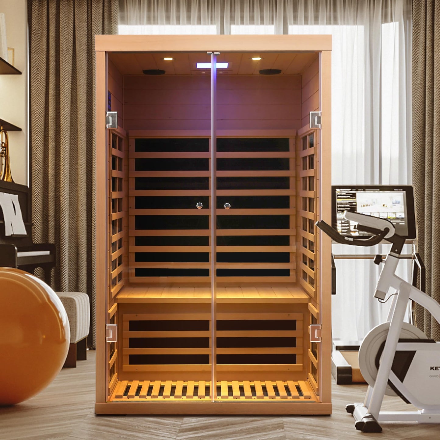 2-Person Far Infrared Sauna Room, Hemlock Wood, 47.24x38.19x76.38 Inches, Low EMF with Bluetooth, LED Light