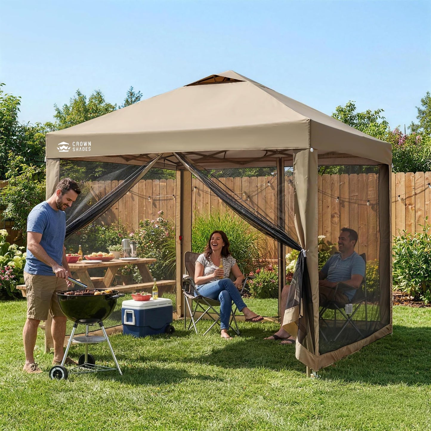 CROWN SHADES Gazebo 10x10 Pop Up Canopy with Mosquito Netting, Screen Tent with 4 Ropes, 8 Stakes, 4 Sandbags and Wheeled Storage Bag, Canopy for Patio & Backyard Parties,Camping&Events -(Beige)