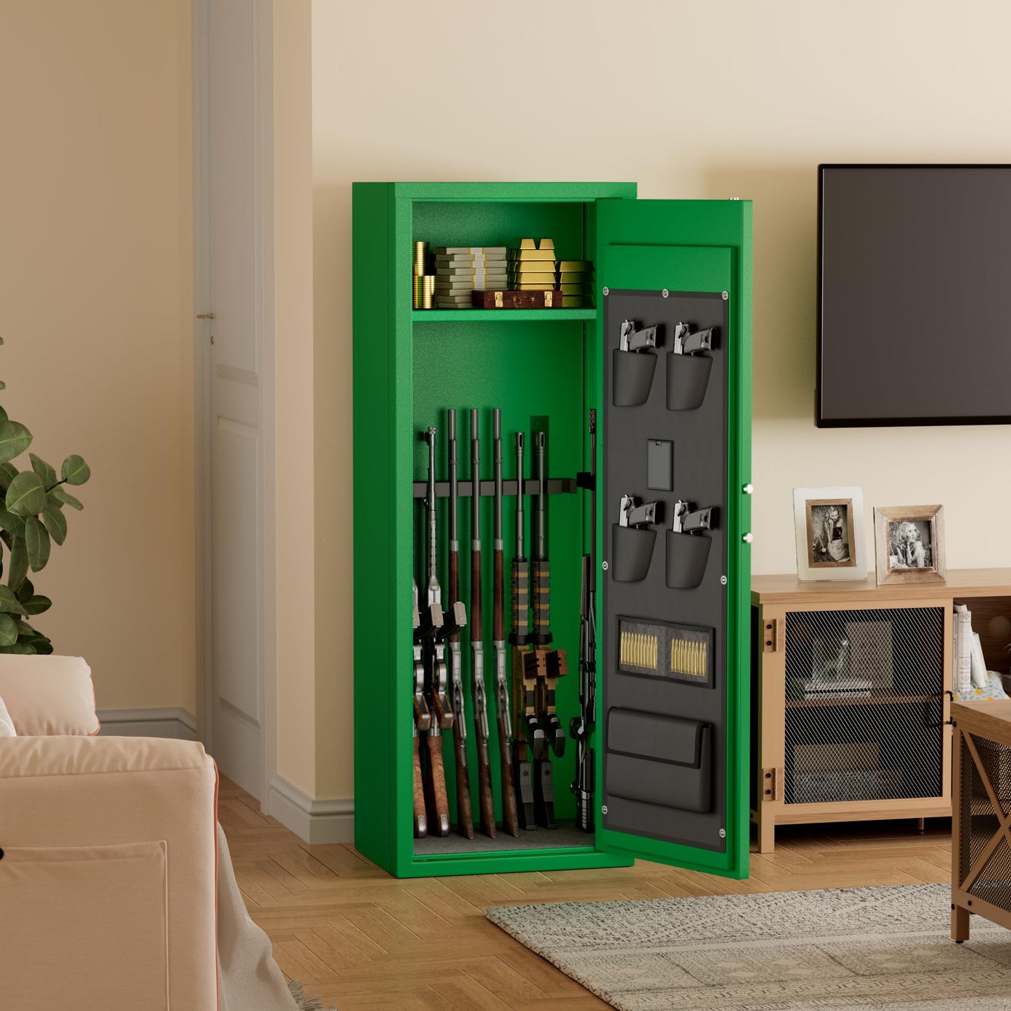Greenvelly 14-16 Gun Safe for Rifles and Pistols, Rifle Safe with Keyboard Lock, Gun Cabinet for Rifles and Shotguns, Quick Access Fireproof Gun Safe with Pocket and Gun Rack for Home, Green