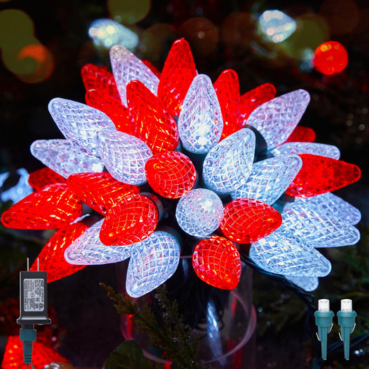 Minetom C9 LED Christmas Lights Outdoor, 100 Lights, 81 Feet, Waterproof, Timer, Red & Pure White