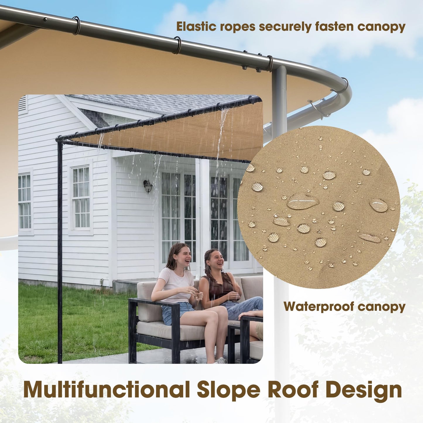 TOBYUL 12'x10' Lean to Gazebo Pergola with 3 Types Ground Nails and Weatherproof Canopy, Large Wall-Mounted Galvanized Steel Frame Shelter, Outdoor Sloped Roof Awning for Patio, Deck, Backyard (Khaki)