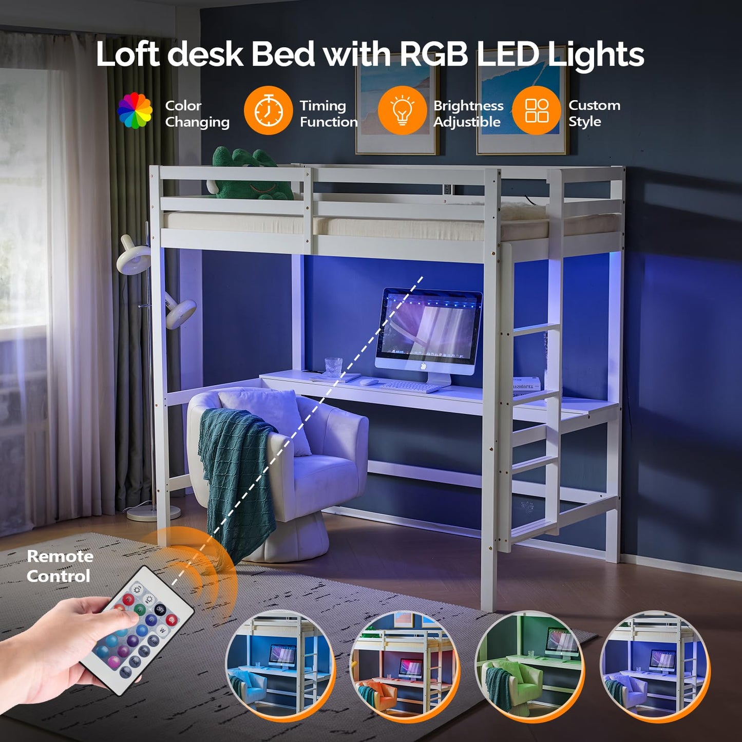 VINGLI Loft Bed with Desk, Wood Bunk Bed Twin Size with RGB LED for Adults, 2 Charging Station on High Guardrail and Desk,Wood Slat Support, White