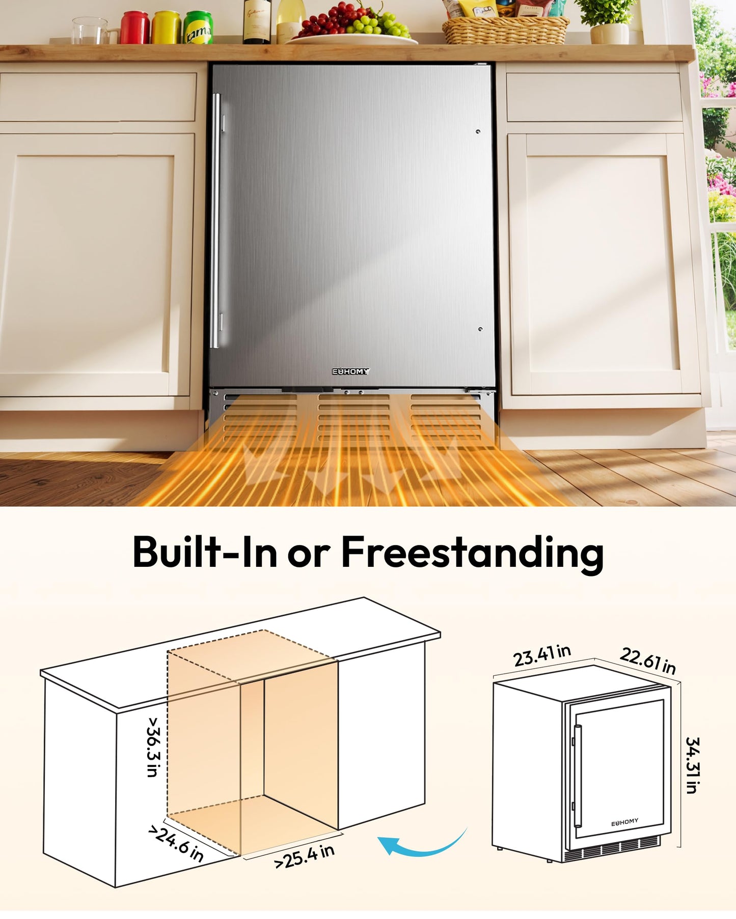 EUHOMY 24 Inch Beverage Refrigerator, Undercounter Beverage Fridge 180 Can with Stainless Steel Door for Home Patio, Beverage Cooler Built-in or Freestanding, outdoor refrigerator for Soda Beer Wine