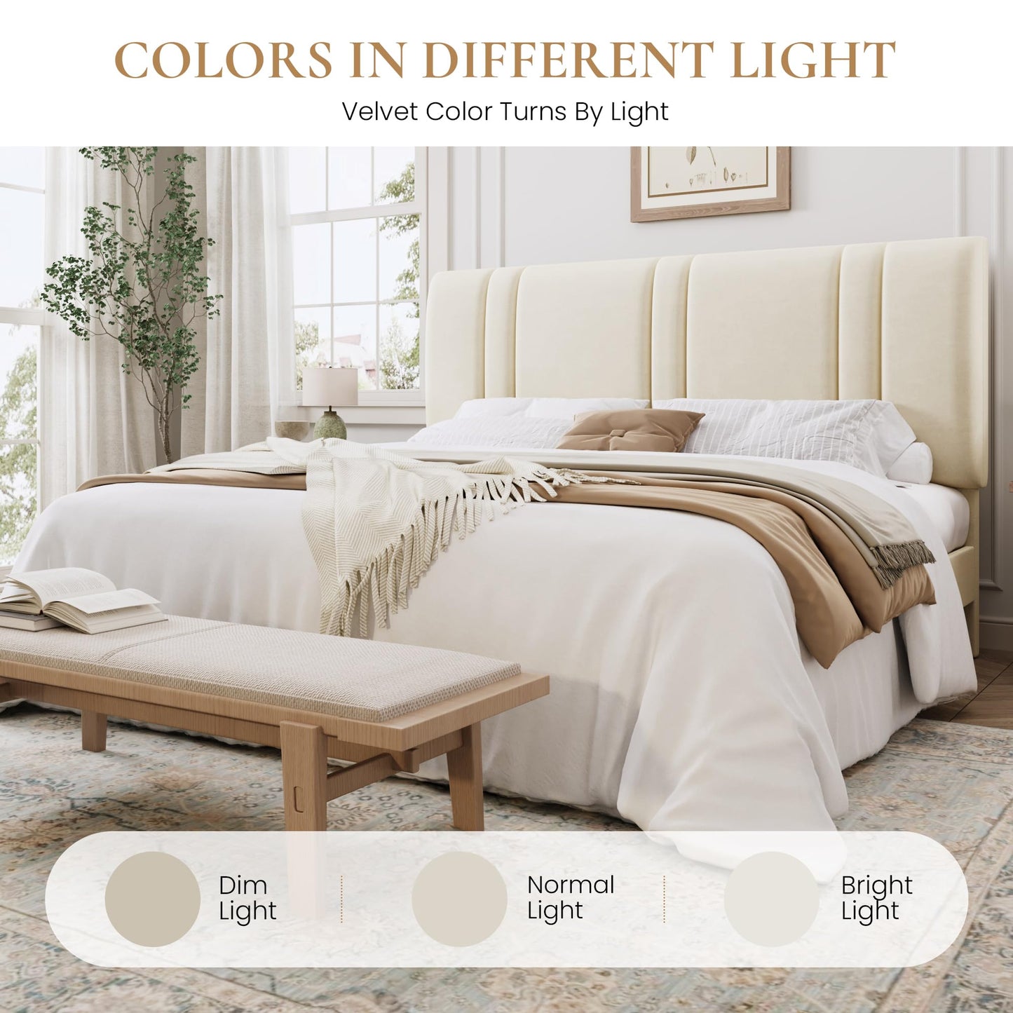 SHA CERLIN King Size Platform Bed Frame, Velvet Upholstered Bed with Adjustable Headboard, Vertical Channel Tufted Design, Sturdy Wood Slat Support, No Box Spring Needed, Easy Assembly, Cream White