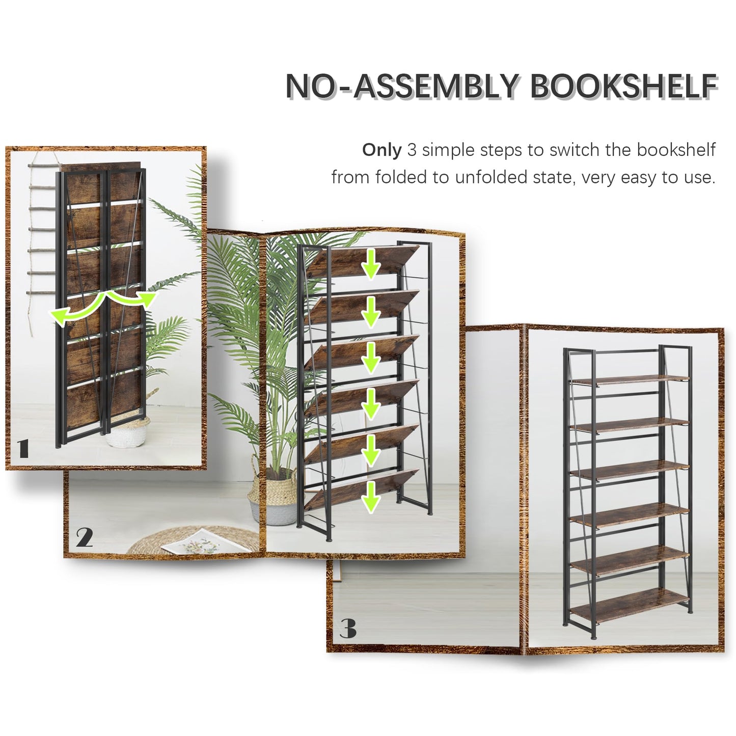 4NM No Assembly Folding Bookshelf, 6-Shelf 74" H Collapsible Foldable Bookcase Storage for Small Spaces, Rustic Brown and Black