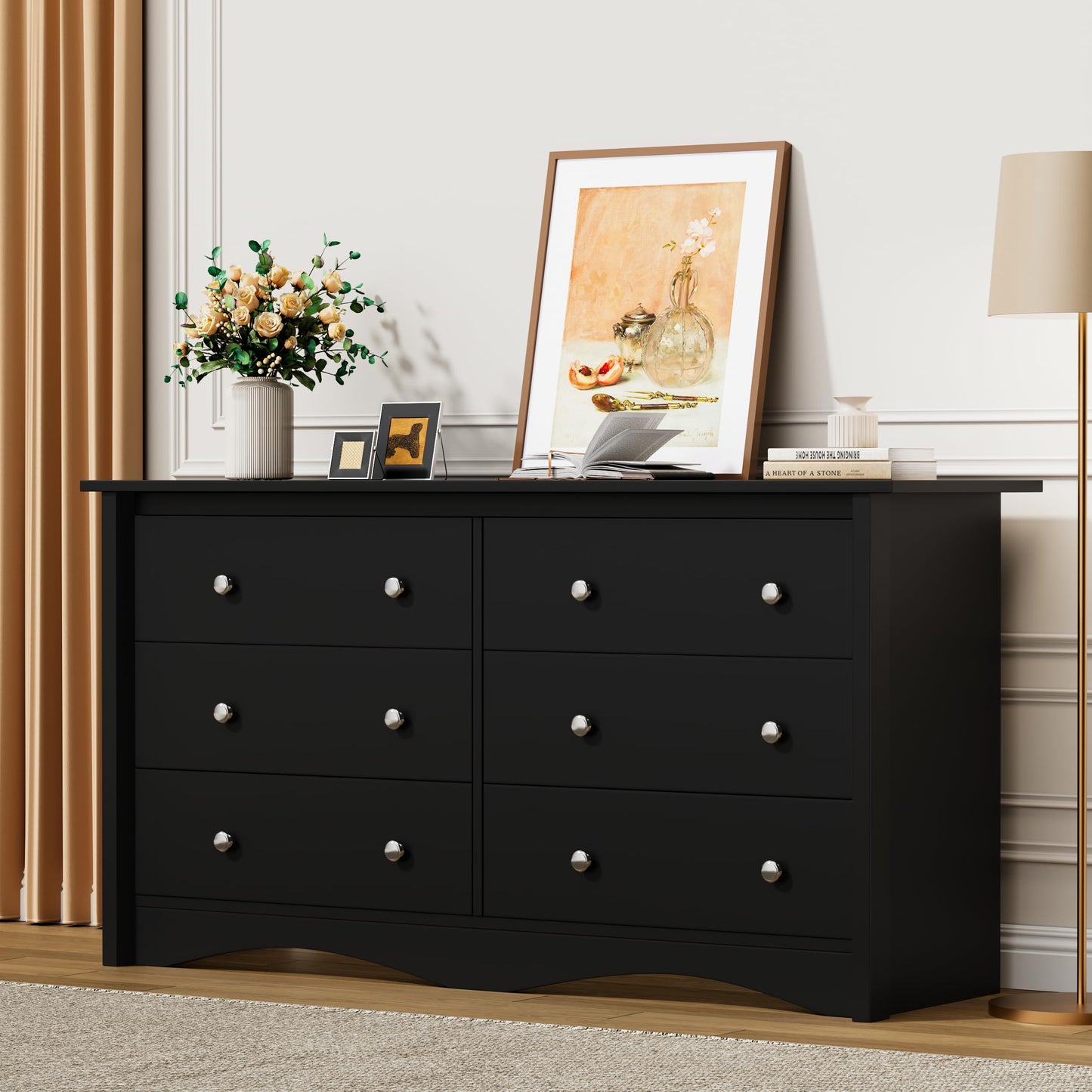 Flamaker Dresser for Bedroom, 6 Drawer Dresser, 47.2'' Wood Dressers, Wide Chest of Drawer, Storage Drawers, Storage Organizer for Closet, Hallway (Black)