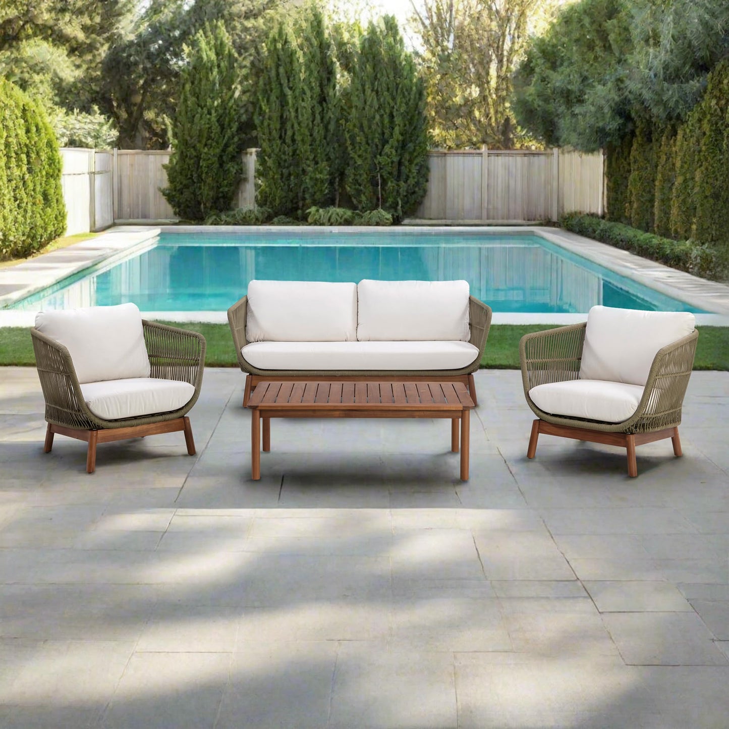 Teamson Home 4-Piece Outdoor Patio Furniture Set with Handwoven Rope, Acacia Wood Coffee Table, Weather-Resistant Cushions, and Aluminum Frame – Natural Brown & Sage Green