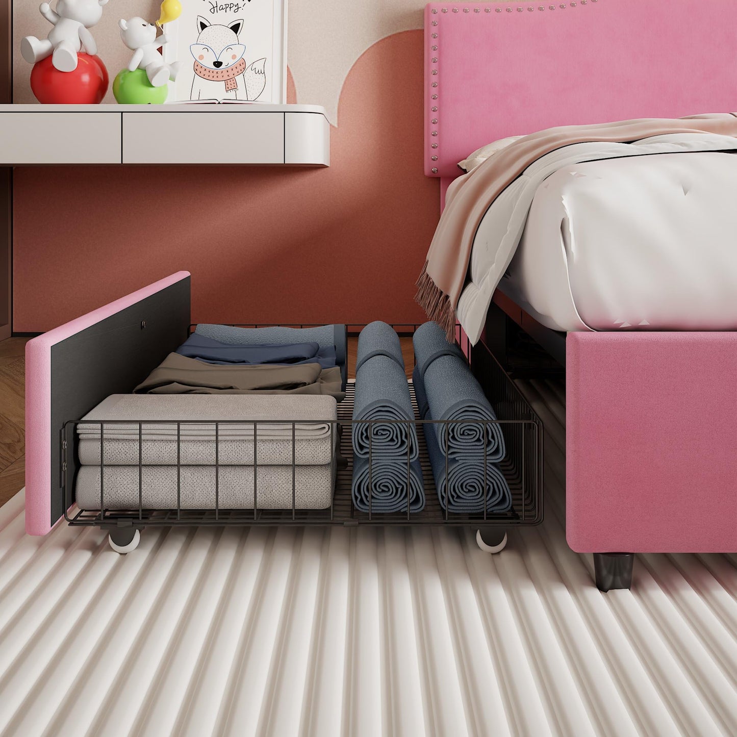 VECELO Queen Bed Frame, Platform Bed Frame with Underbed Storage Drawers and Adjustable Height Upholstered Headboard, Heavy-Duty Frame and Strong Wooden Slats Support, Noise-Free, Easy Assembly, Pink