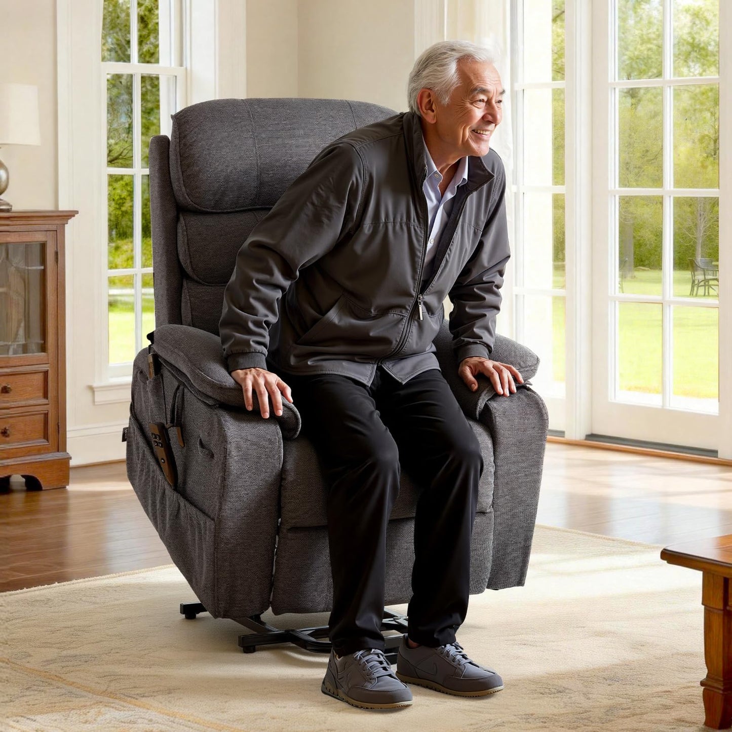 VEVOR Power Lift Recliner Chair, Dual Motor Lift Chair with Heat and Massage for Elderly, Position Adjustable, Remote Control, with Side Pockets, Chenille Fabric, Dark Gray