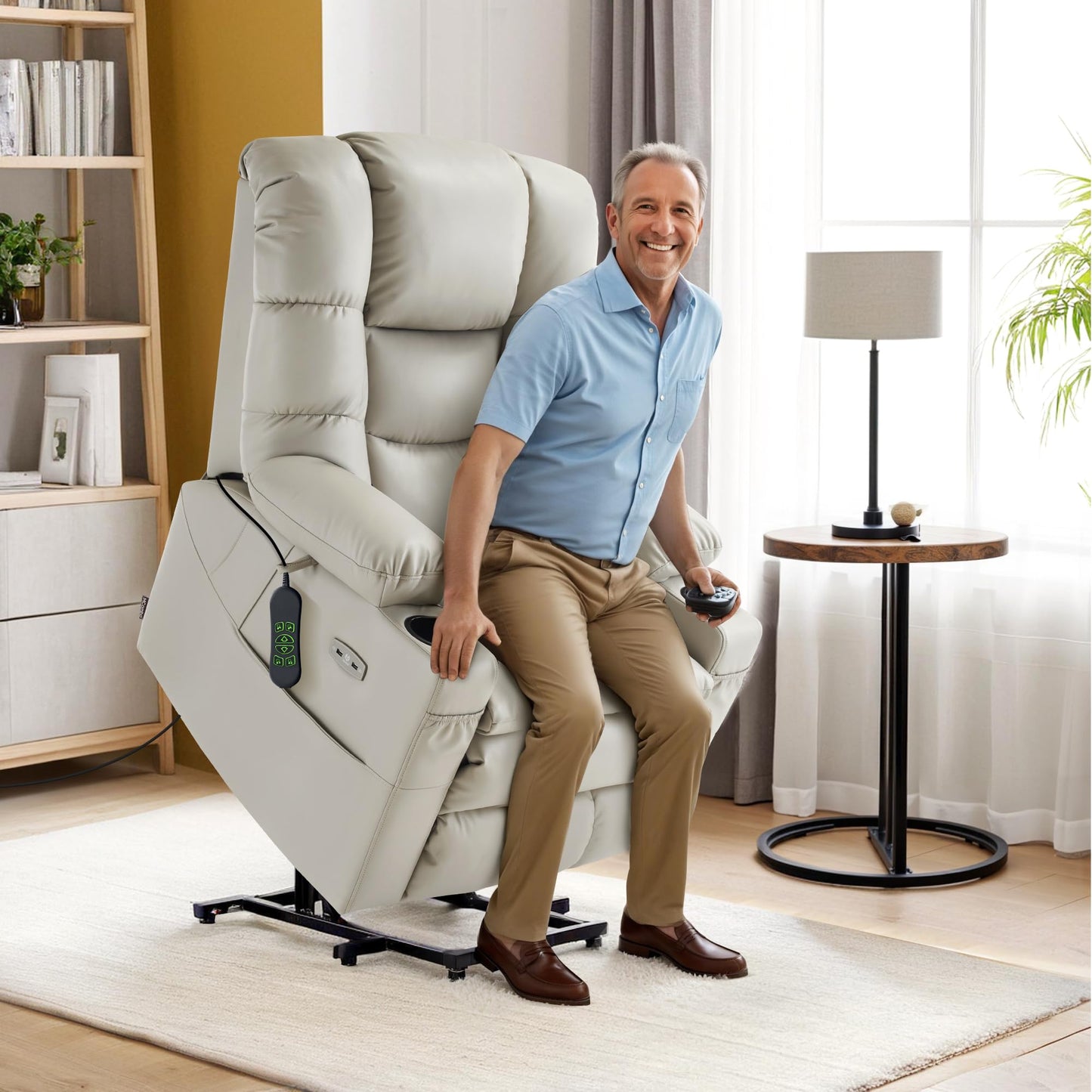 MCombo Triple Motor Power Lift Recliner Chair with Massage and Dual Heating, Adjustable Headrest for Tall Elderly People, Faux Leather 7634 (Light Grey, Large)