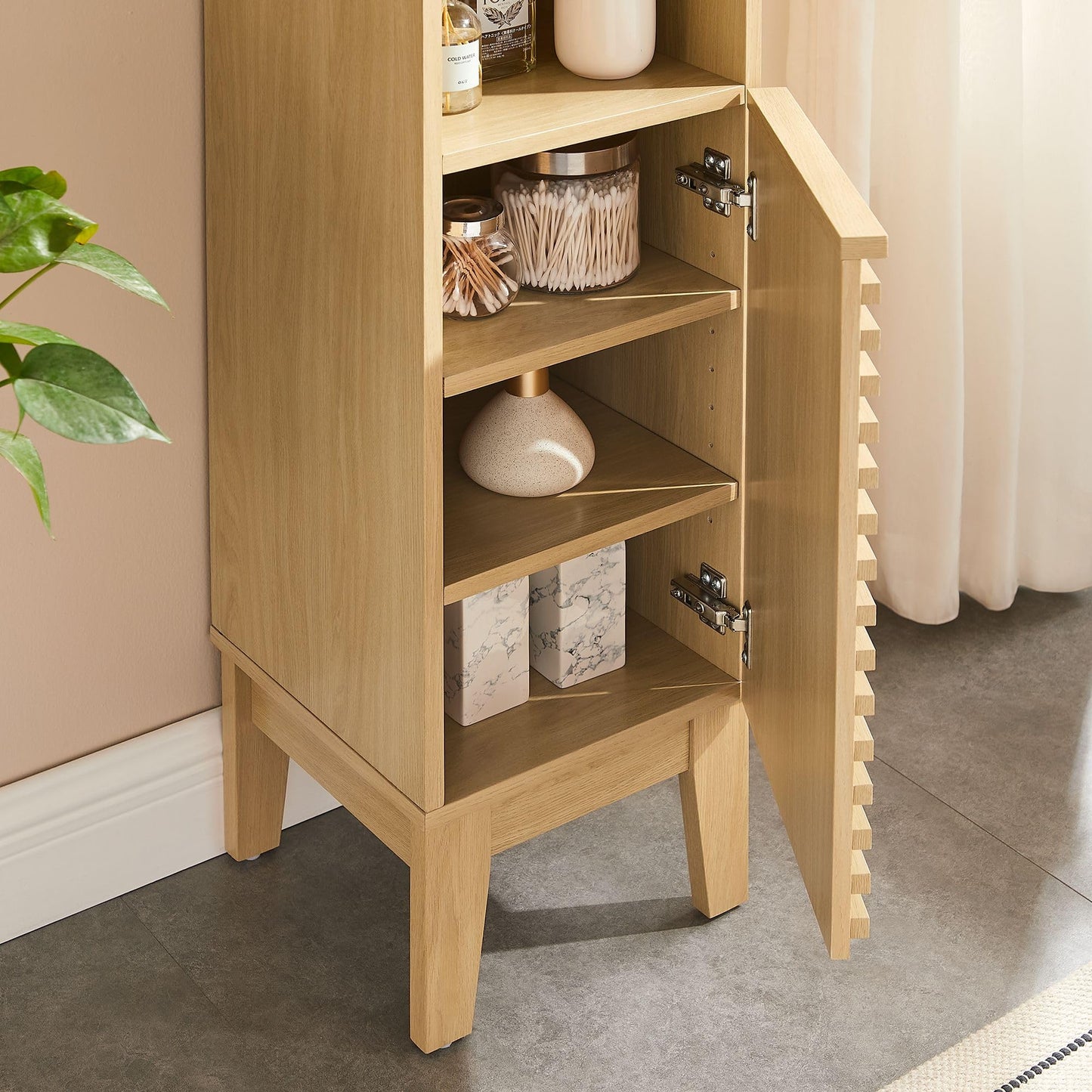 Modway Render Tall Narrow Bathroom Storage Tower in Oak - 63” Freestanding Linen Cabinet with Open Shelves and 2 Soft-Close Doors - Slim Towel and Makeup Organizer