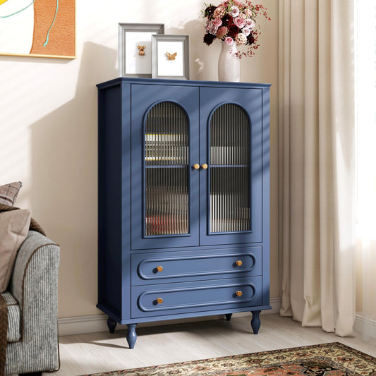 KEIKI Glass Display Cabinet with Ribbed Glass Doors, 46.5" Wooden Curio Cabinet with 2 Drawers & Adjustable Shelf, Freestanding Buffet Storage Unit for Living Room Dining Room Entryway, Blue