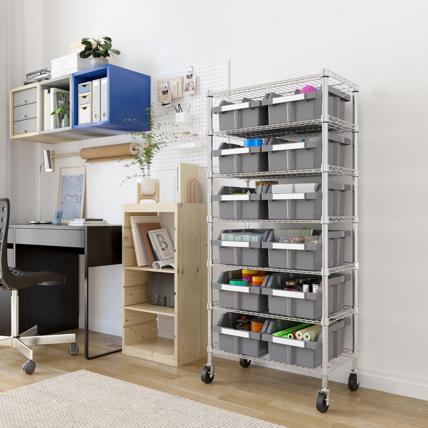 7-Tier NSF 12-Bin Steel Wire Shelving Rack, 25"W x 14"D x 56"H, Gray