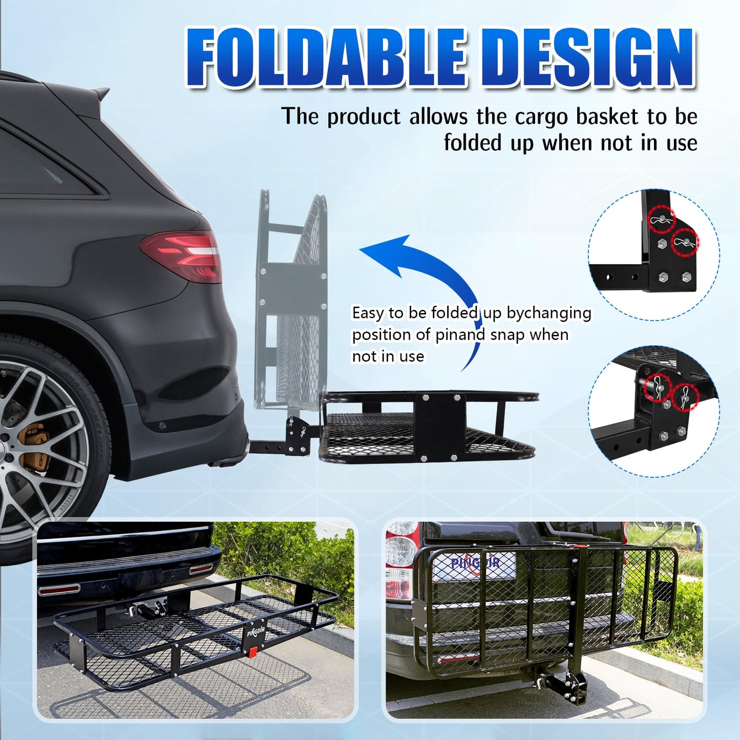 PINGDIR Folding Hitch Mount Cargo Carrier Hitch Rack Basket 60"*21.5"*6" Hauling Weight Capacity of 500 Lbs, Waterproof Cargo Bag 58" 19" 24", with Hitch Stabilizer,Cargo Net and Ratchet Straps