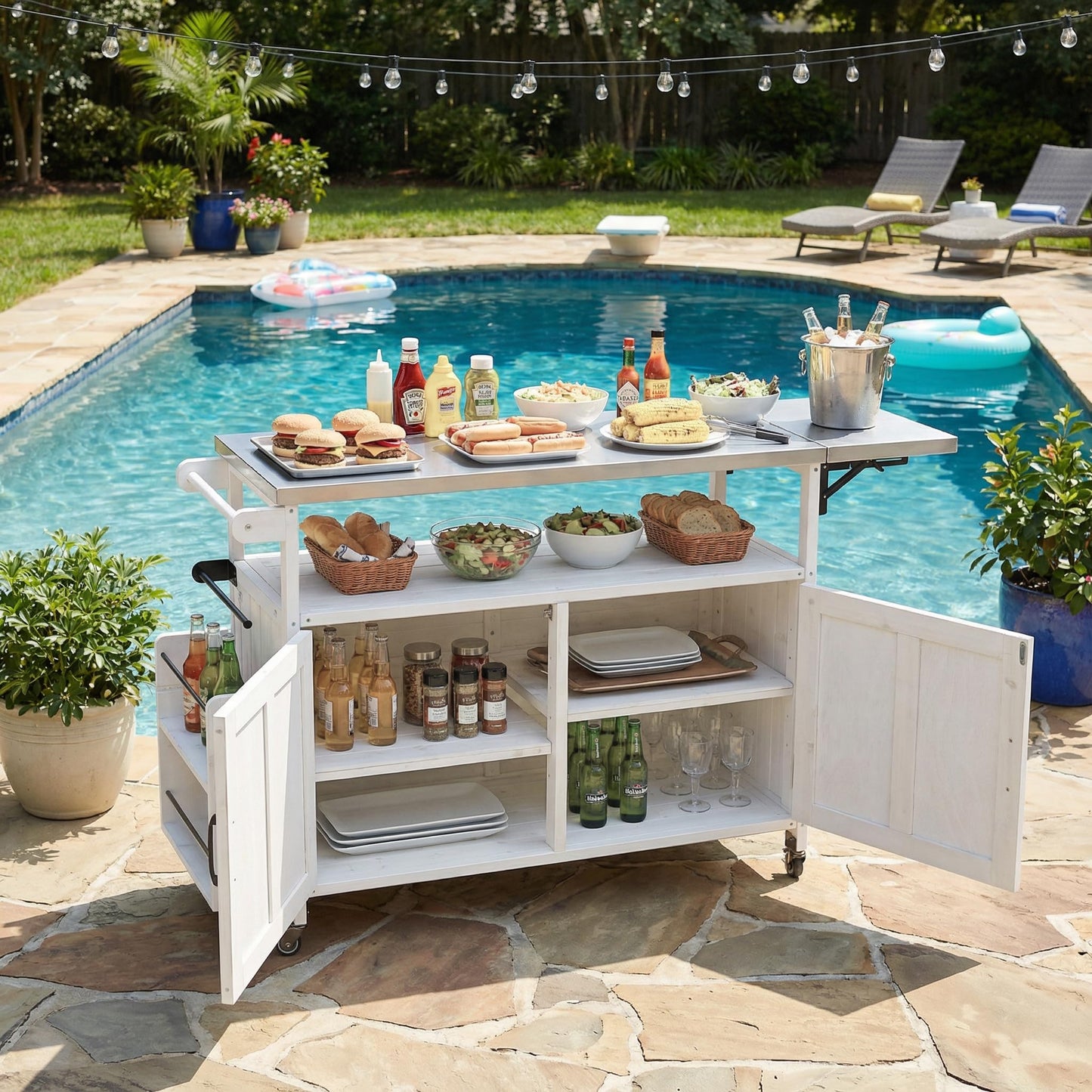 Outdoor Kitchen Island Cart with Foldable Stainless Steel Top, Rolling Grill Table with Adjustable Shelf Storage Spice Rack and Towel Holder, Wooden BBQ Prep Station with Lockable Wheels, White