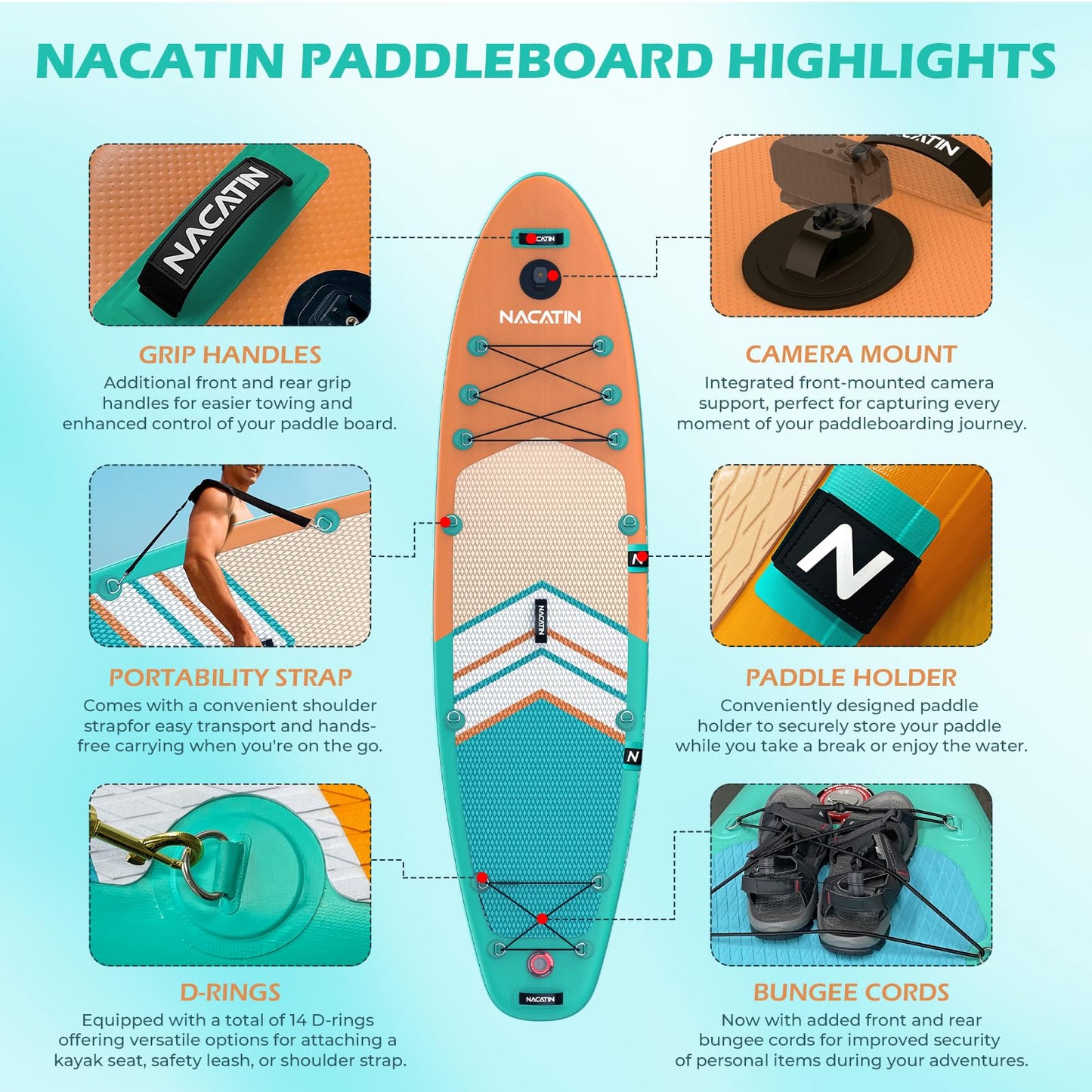 NACATIN Inflatable Stand Up Paddle Board,10'6"Upgrade Version Blow Up Paddle Boards for Adults with Premium SUP Accessories& Backpack,Adjustable Paddle,Camera Mount,Hand Pump, for Lake, River, Yoga
