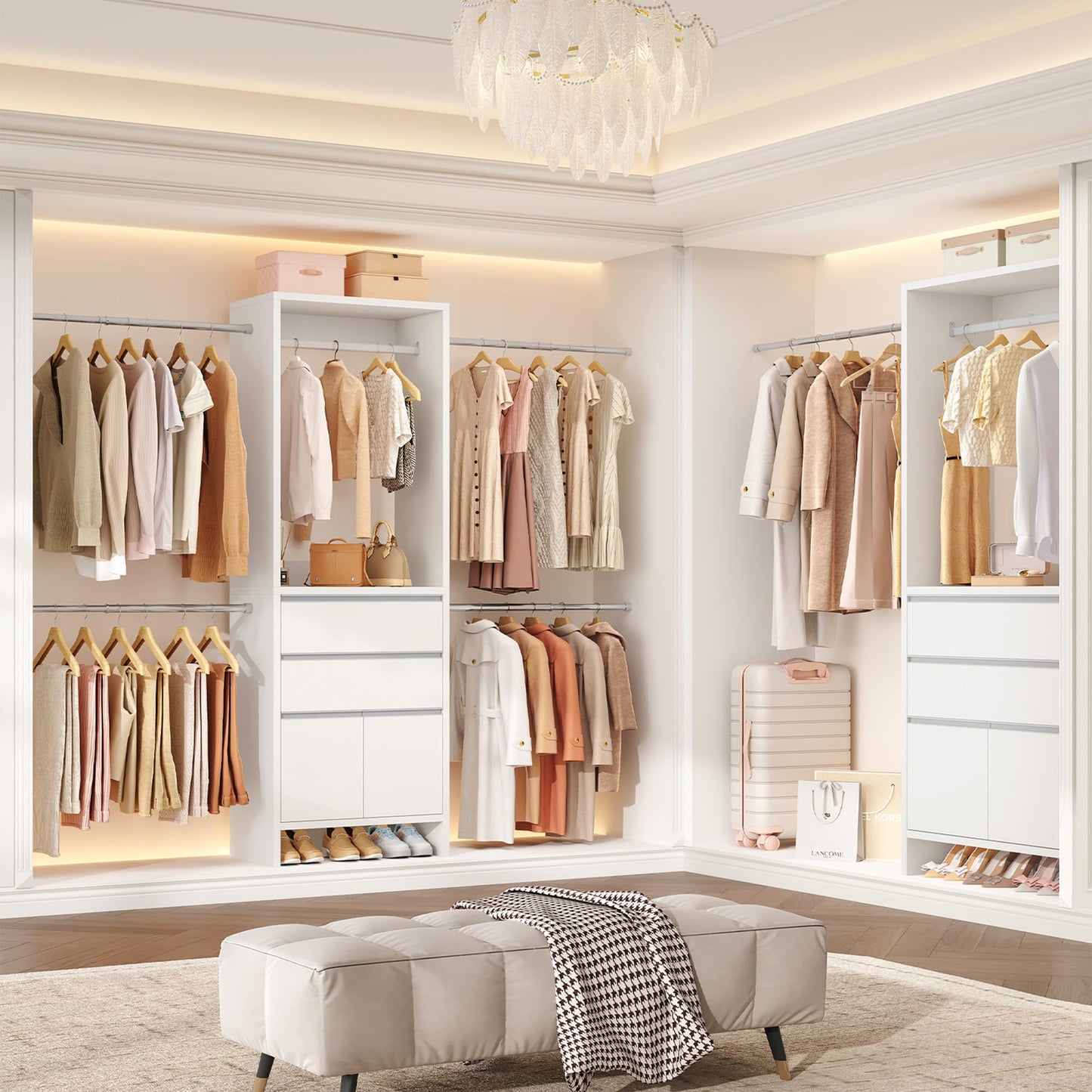 Hzuaneri Closet System with 2 Drawers, Walk-in Closet Organizer System Wooden Storage Systems with 4 Hang Rods & Shoe Cabinet, Fits Spaces 4-9.8FT, Wardrobe Clothes Rack Garment Rack, White MC00103E