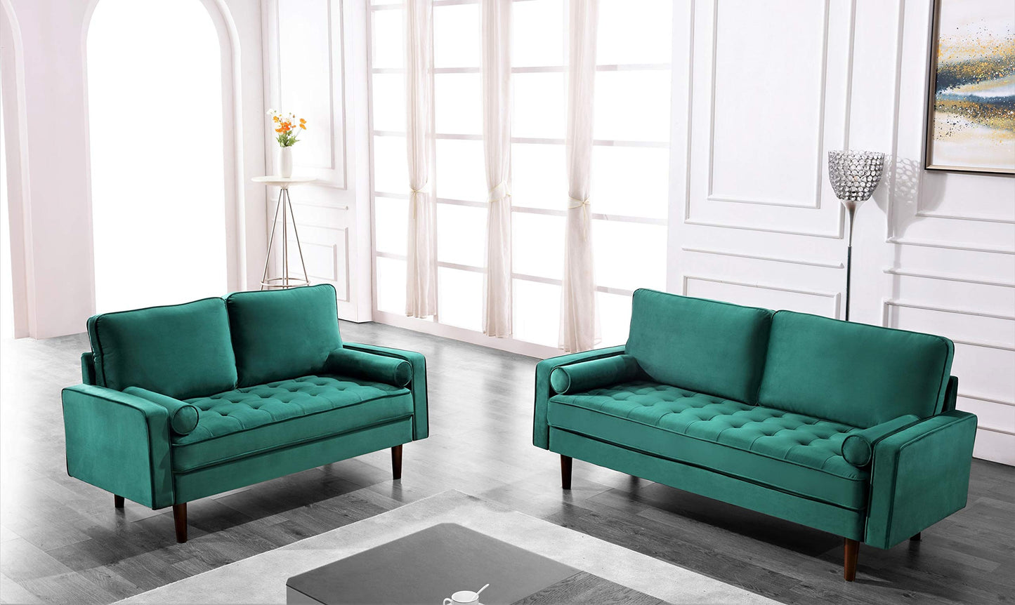 Container Furniture Direct Womble 58 Inch Velvet Loveseat Sofa with Elegant Button Tufted Upholstery, Square Arms, Splayed Wood Legs, Includes Matching Bolster Pillows, Green