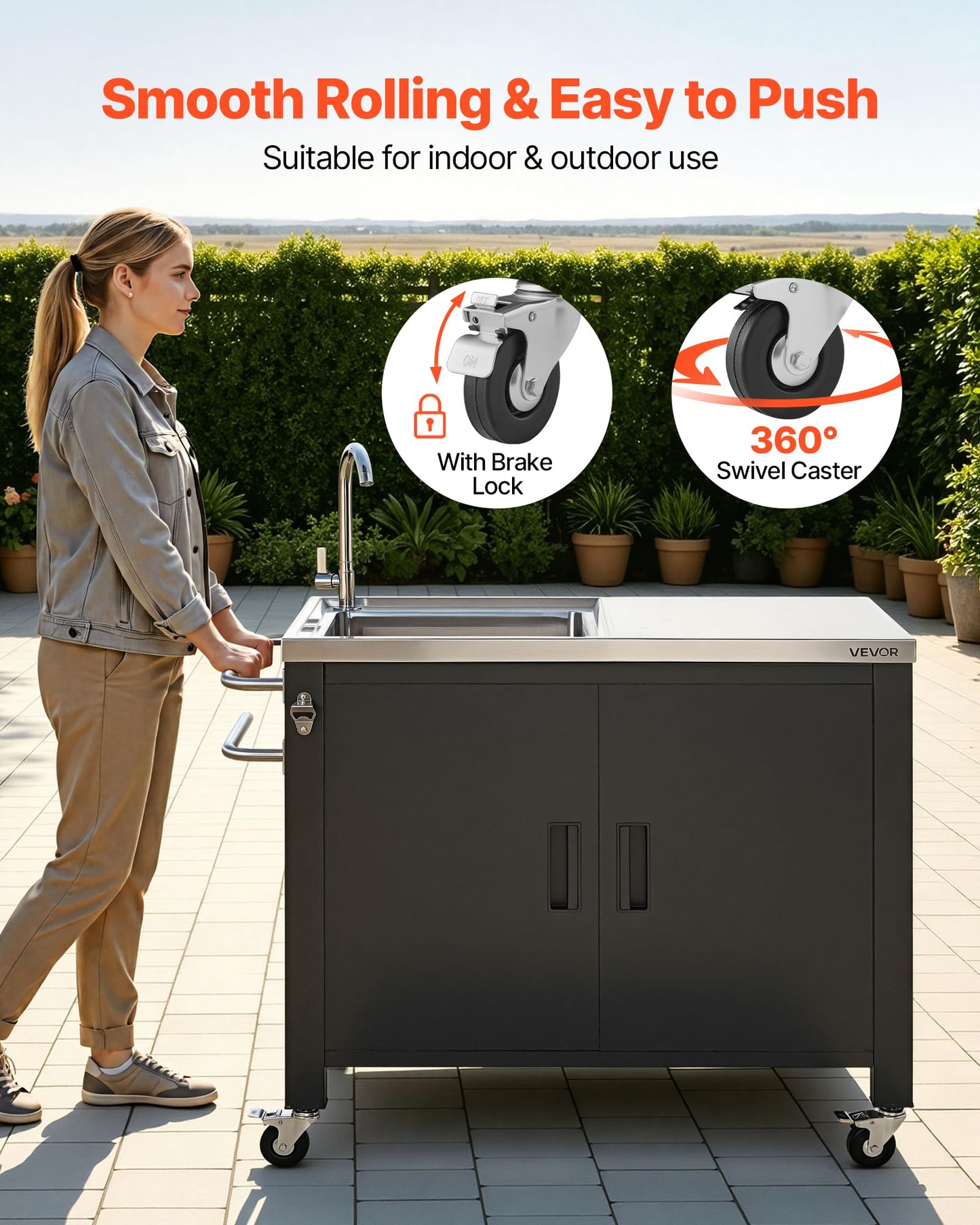 VEVOR Outdoor Grill Cart with Sink and Storage Cabinet, 38 Inch Grill Table, Waterproof Kitchen Island with Stainless Steel Top, Spice Rack, Wheel, Movable Food Prep Station for Patio Bar Backyard BBQ