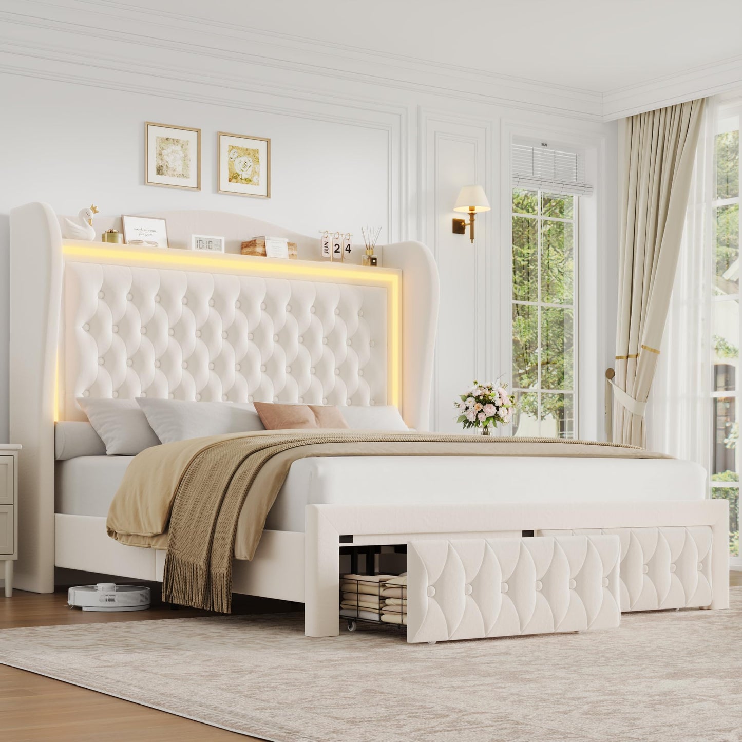 Queen Bed Frame 55" Tall Headboard with LED Lights, Buttons Tufted Velvet Upholstered Platform Bed Frame with 2 Storage Drawers, Wood Slats Support Mattress Foundation, No Box Spring Needed, Beige