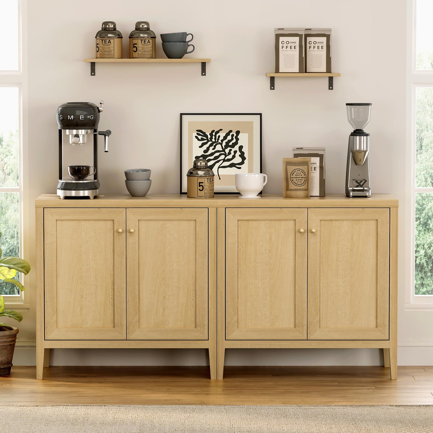 EYYTHUNG Sideboard Buffet Cabinets Set of 3 with Adjusable Shelves, Farmhouse Storage Cabinet, Credenza, Accent Cabinet, Kitchen Coffee Bar Console Table for Living Dining Room, Natural Oak