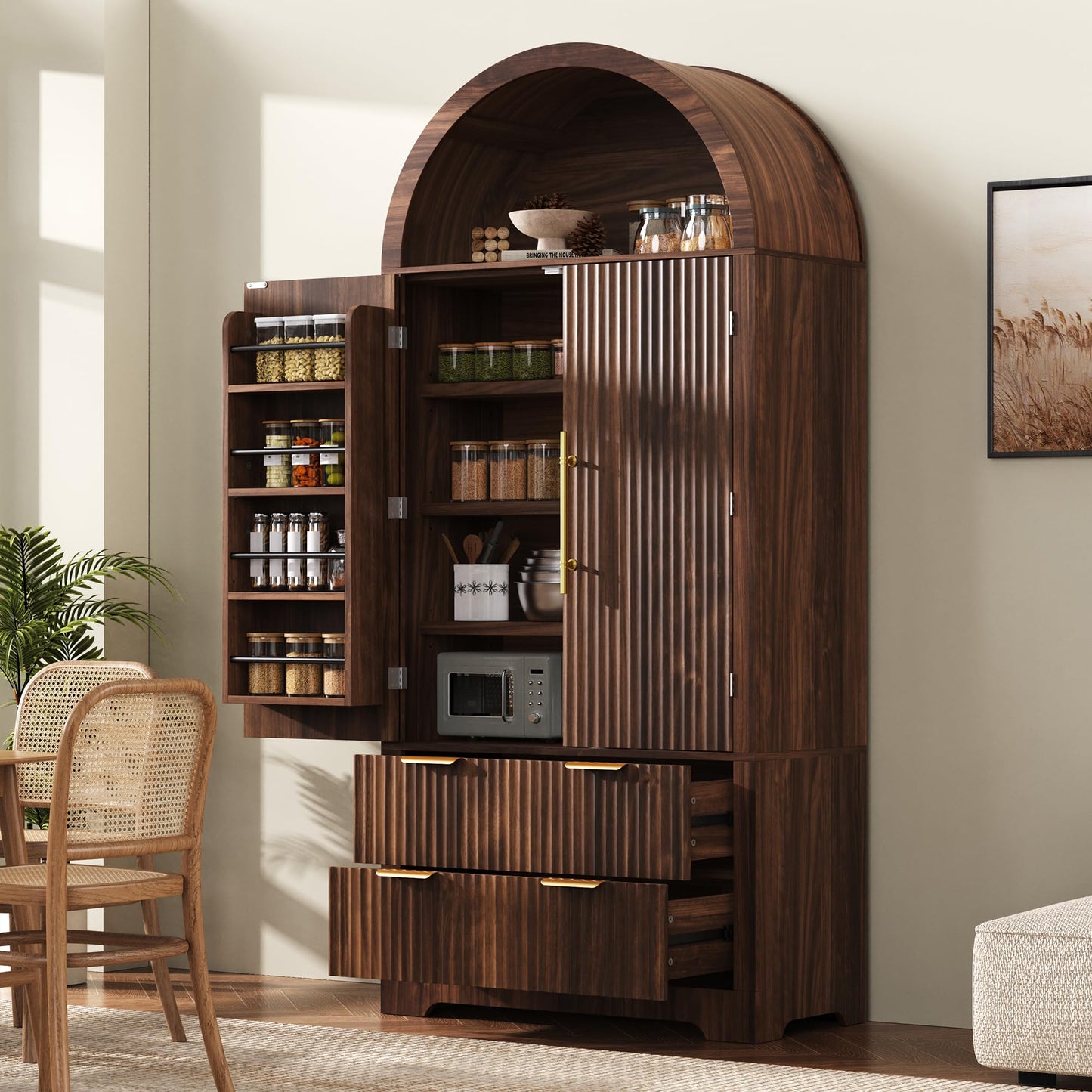 Merax 72" Tall Arched Kitchen Pantry Cabinet with 2 Drawers, Mid Century Modern Fluted Storage Cabinet with 3 Adjustable Shelves & 8 Door Shelves, Wooden Cupboard Organizer for Kitchens (Walnut)