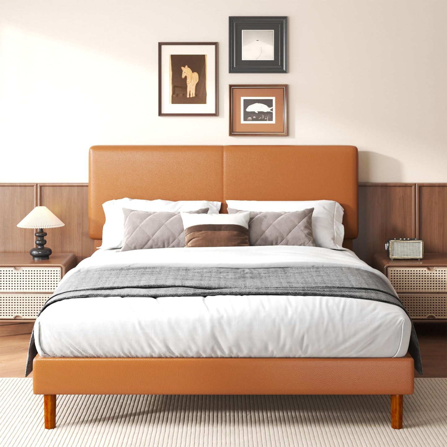 Lcwtvgxr Full Upholstered Platform Bed Frame with Headboard, Faux Leather Modern Bed Frame with Wood Slat Support, No Box Spring Needed, Easy Assembly, Orange-Brown