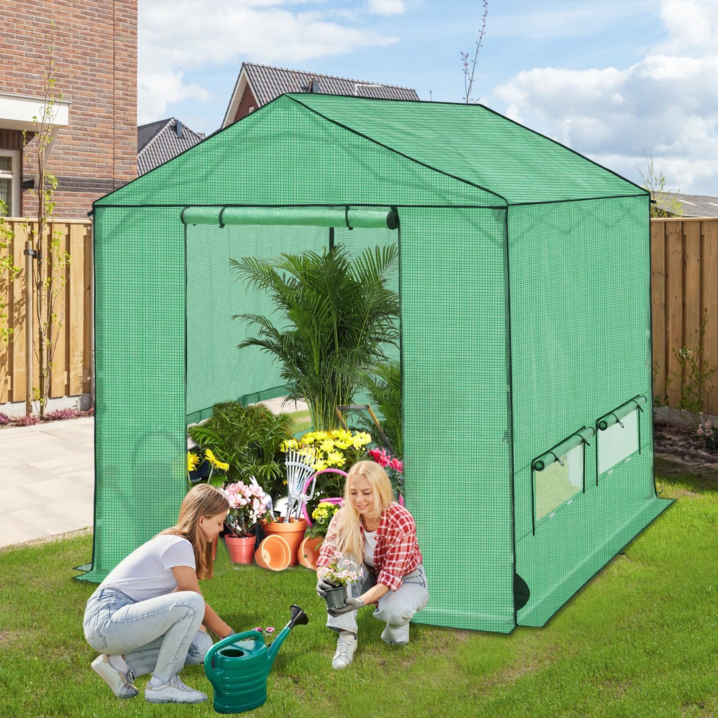 INTER HUT 8x8 Pop Up Greenhouse, Instant Walk in Green House with PE Cover, Power Ports, Roll up Doors & Windows for Indoor Outdoor Plant Growing, Green