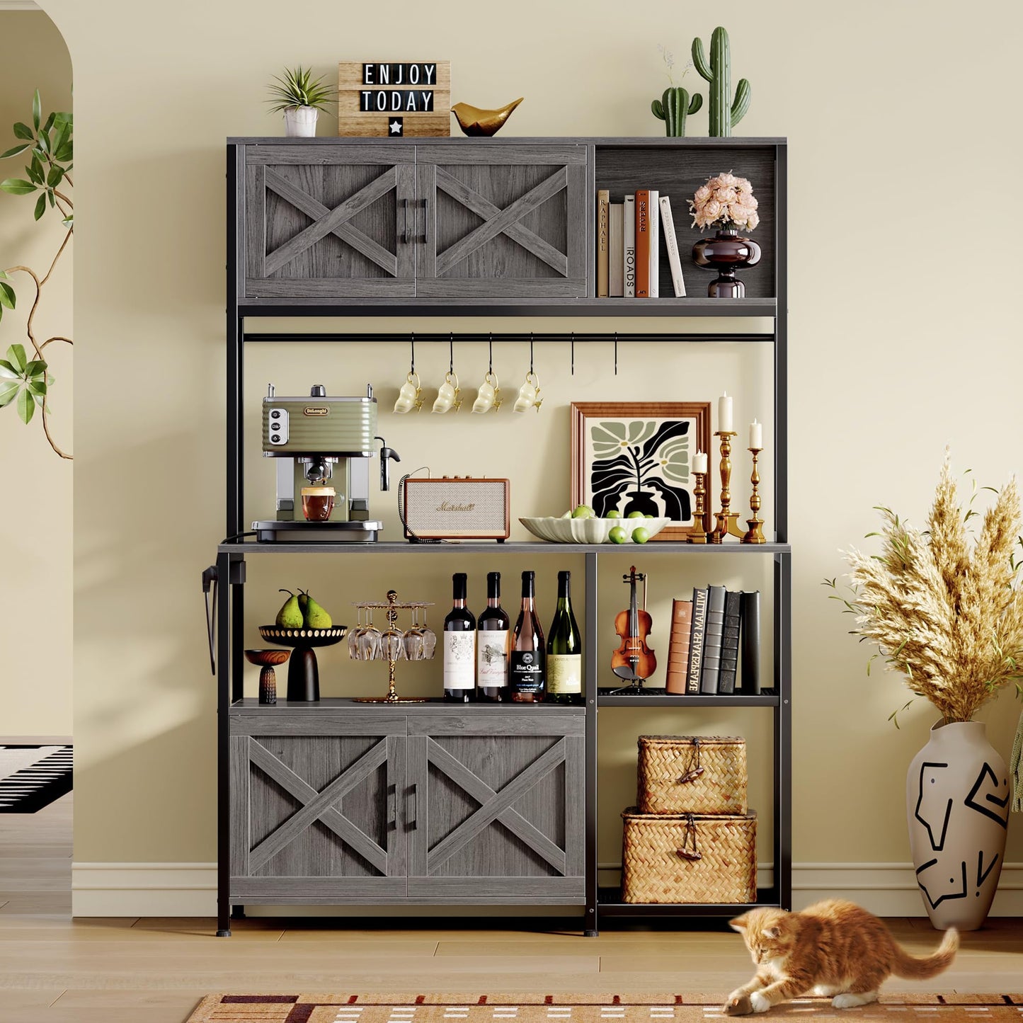 Huuger Large Bakers Rack with Power Outlet, Kitchen Microwave Stand with Cabinets, Coffee Bar Table Station with Storage, 6 S-Shaped Hooks, Mesh Shelves, 45 Inch Wooden Top, Grey