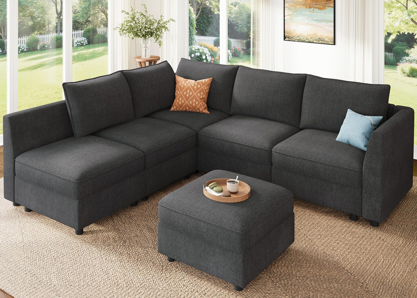 HONBAY Modular Sectional Couch L Shaped Sectional Sofa with Storage, Convertible Couches for Living Room - Snowflake Velvet Grey