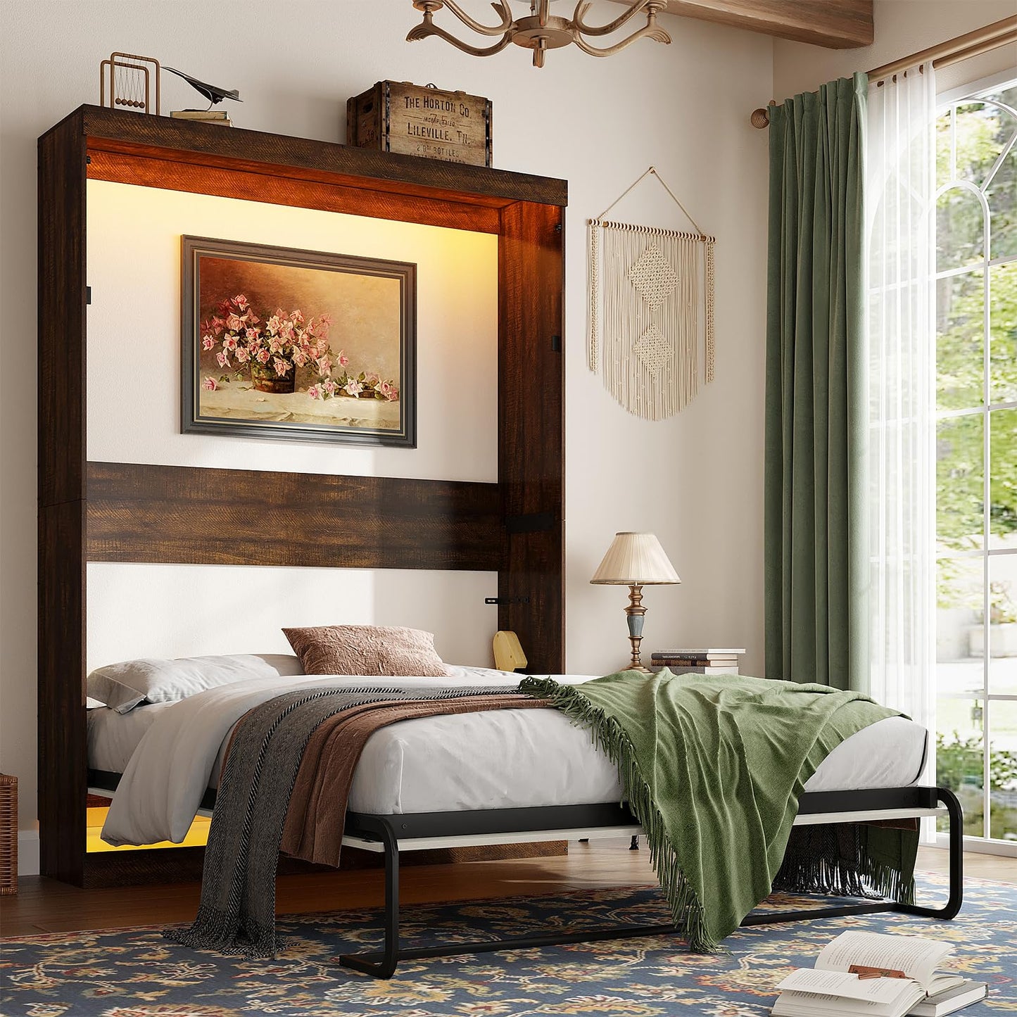 Hlivelood Queen Size Murphy Bed with 2 LED Lights, Farmhouse Wood Hidden Foldable Wall Bed Frame w/Gas Struts, Storage Bed Cabinet for Bedroom, Office, Space-Saving, No Box Spring Needed, Rustic White