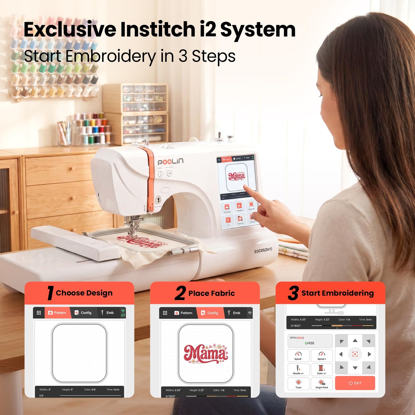 PooLin EOC05(2in1) Sewing and Embroidery Machine 4"x4" & 4"x9.25" Embroidery Size, 130 Built-in Designs 207 Sewing Stitches, 7" Touch Screen with WiFi Transfer, Includes Full Kits & 1-on-1 Training