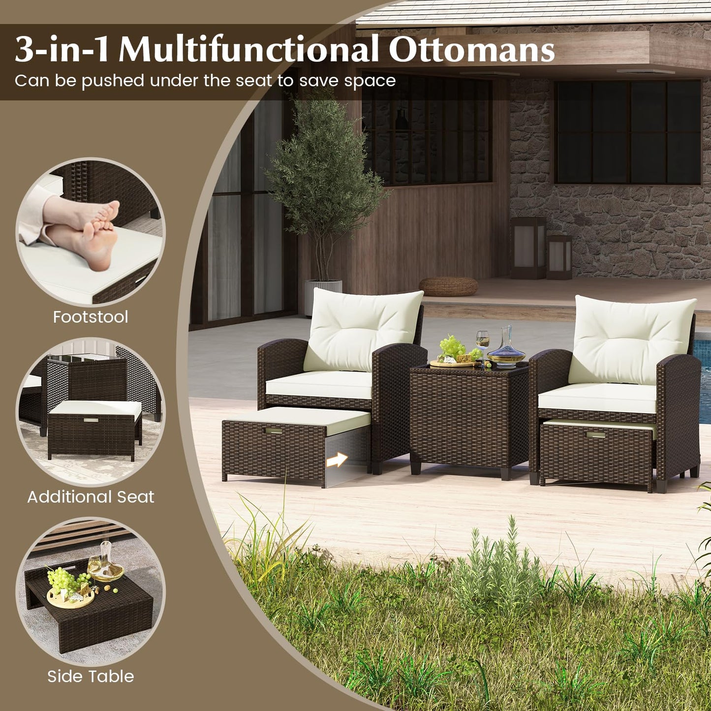 Tangkula 5 Pieces Patio Conversation Set, PE Wicker Outdoor Furniture Set with 2 Chairs, 2 Ottomans & Tempered Glass Coffee Table, Ideal for Poolside, Backyard, Lawn, Deck, Mix Brown & Off White