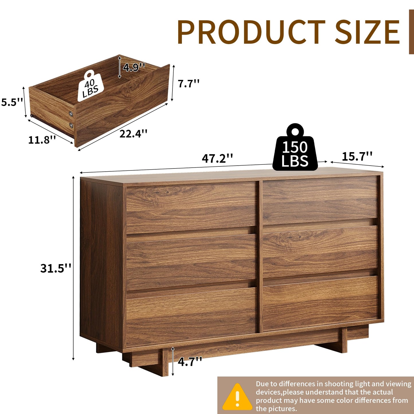 CHUWELL 47" Wide Dresser for Bedroom, Walnut Mid Century Modern Dressers with 6 Drawers, Adequate Capacity Storage,Closet Clothes Organizer for Bedroom