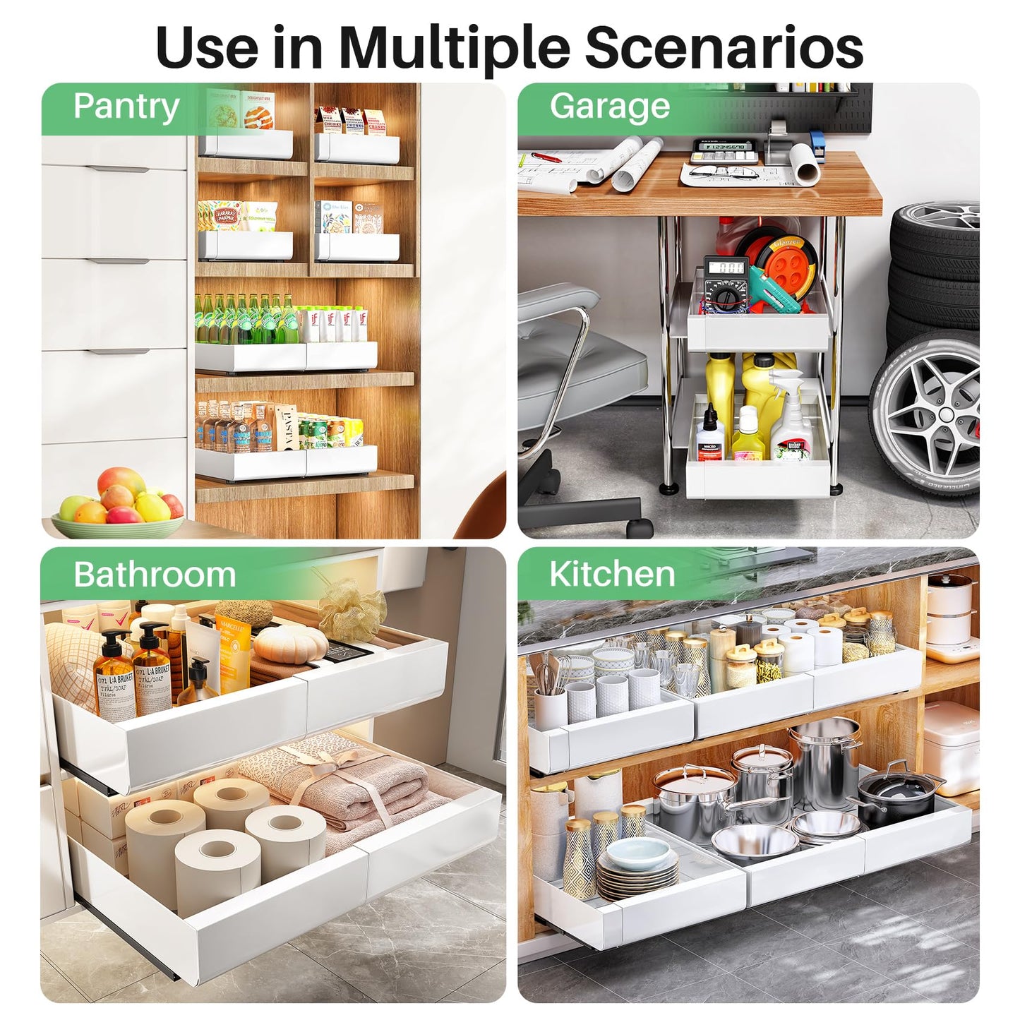 Pull out Cabinet Organizer, 6-pack, Expandable(12"-20") Heavy Duty Slide out Drawers Fixed with Adhesive Nano Film for Pots, Roll out Shelf Storage for Kitchen Base Cabinet Organization(3 Rails)