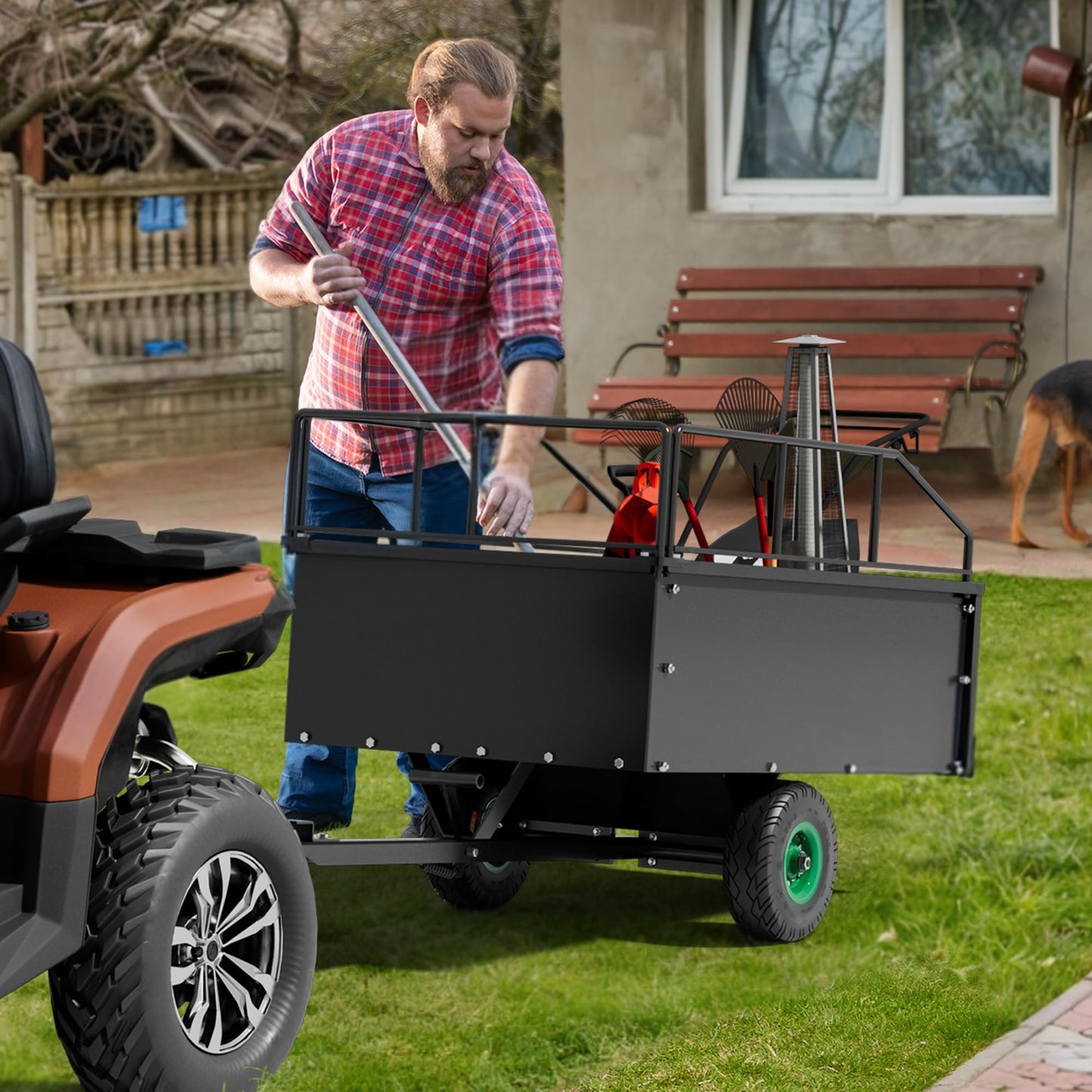 YITAMOTOR ATV Dump Trailer, Heavy Duty Tow Behind Dump Cart, Capacity 750lbs, 17.5 Cu.Ft. Yard Garden Trailer for Pull Behind Lawn Mower Trailer Tractor, Alloy Steel Shelf & Extra 5" Height Guardrail
