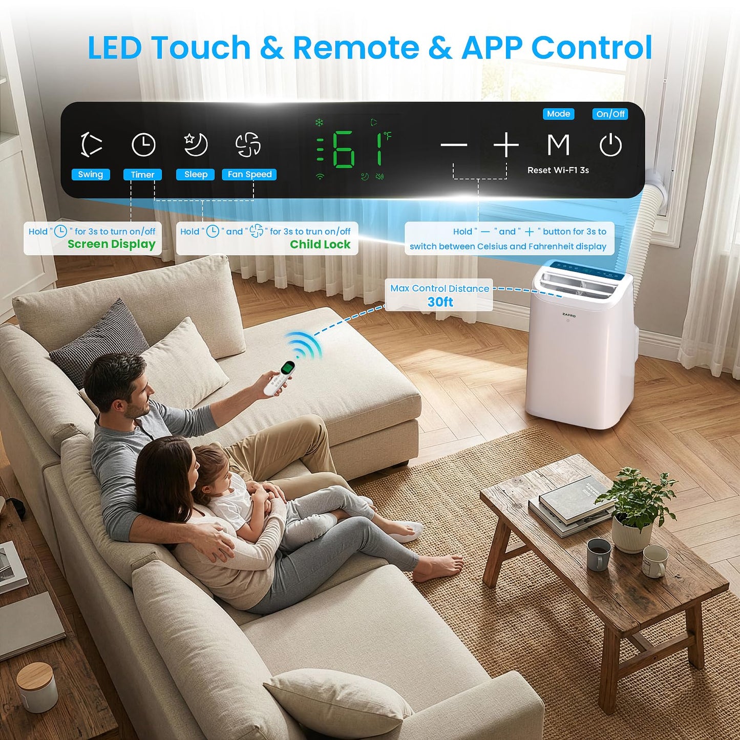 ZAFRO Portable Air Conditioners, 12000 BTU (8000 BTU SACC), Portable AC with Drainage-free Cooling, Fan & Dehumidifier, Smart AC Unit with APP/Remote, 47dB Quiet, 24H Timer for Living Room, Bedroom