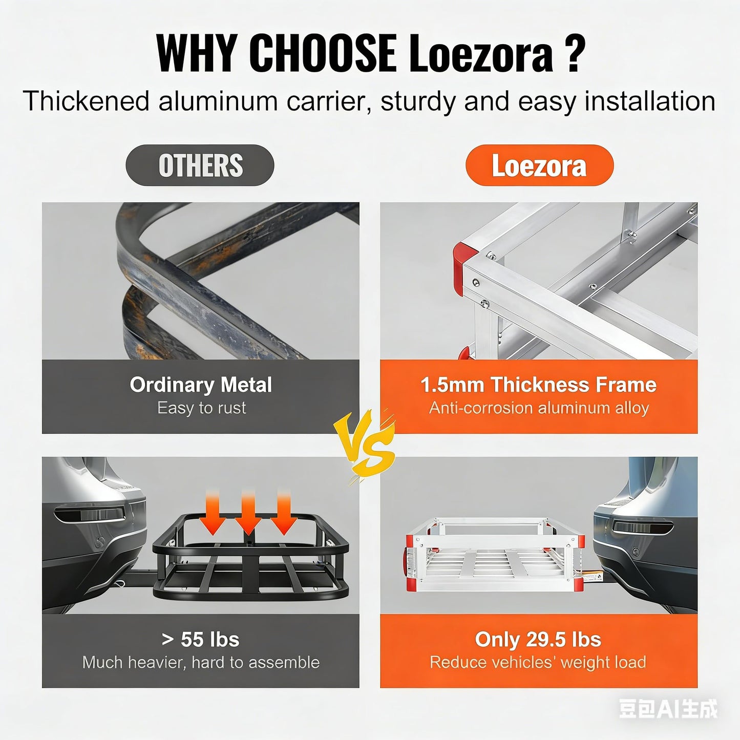 LOEZORA 500LB Hitch Cargo Carrier with Folding Ramp, 50 x 29.5 Inch Aluminum Cargo Basket, Heavy Duty Trailer Hitch Mounted Rack for 2" Receiver, SUV Truck Van