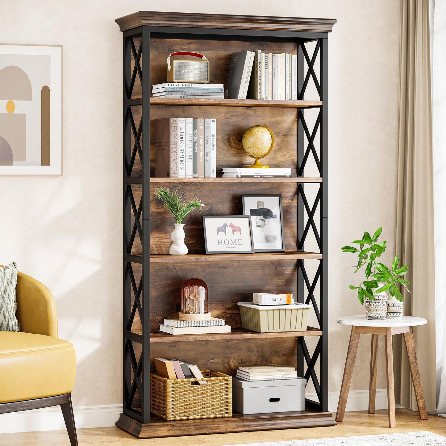 Tribesigns 6-Tier Bookcase, 71 Inches Industrial Bookshelves and Bookcases, Floor Standing 5 Shelf Display Storage Shelves Tall Bookcase for Home Office, Living Room, Bed Room, Brown and Black