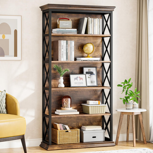 Tribesigns 6-Tier Bookcase, 71 Inches Industrial Bookshelves and Bookcases, Floor Standing 5 Shelf Display Storage Shelves Tall Bookcase for Home Office, Living Room, Bed Room, Brown and Black