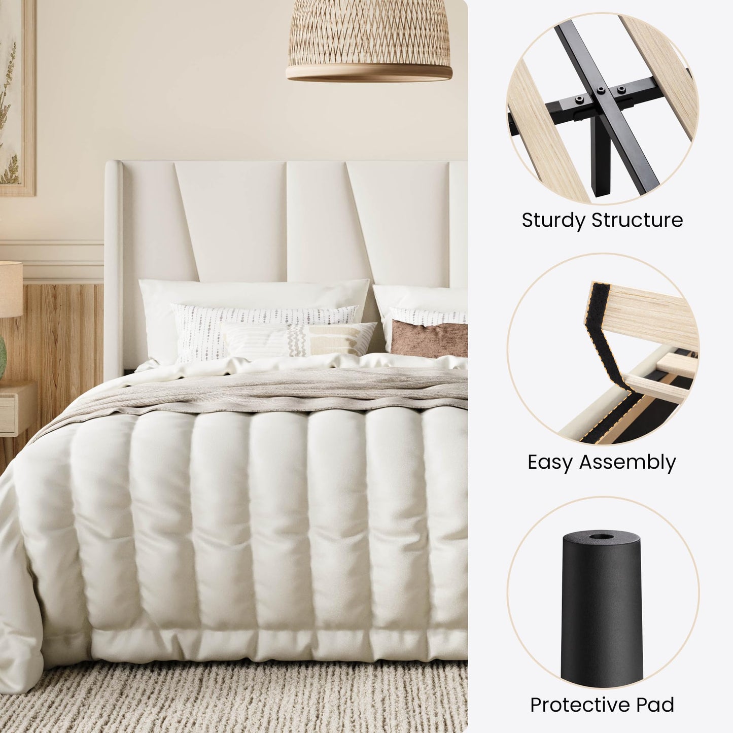 SHA CERLIN King Size Velvet Bed Frame with Geometric Wingback Headboard, Upholstered Platform Bed with Wooden Slats Support, 8" Under-Bed Space, No Box Spring Needed, Easy Assembly, Cream