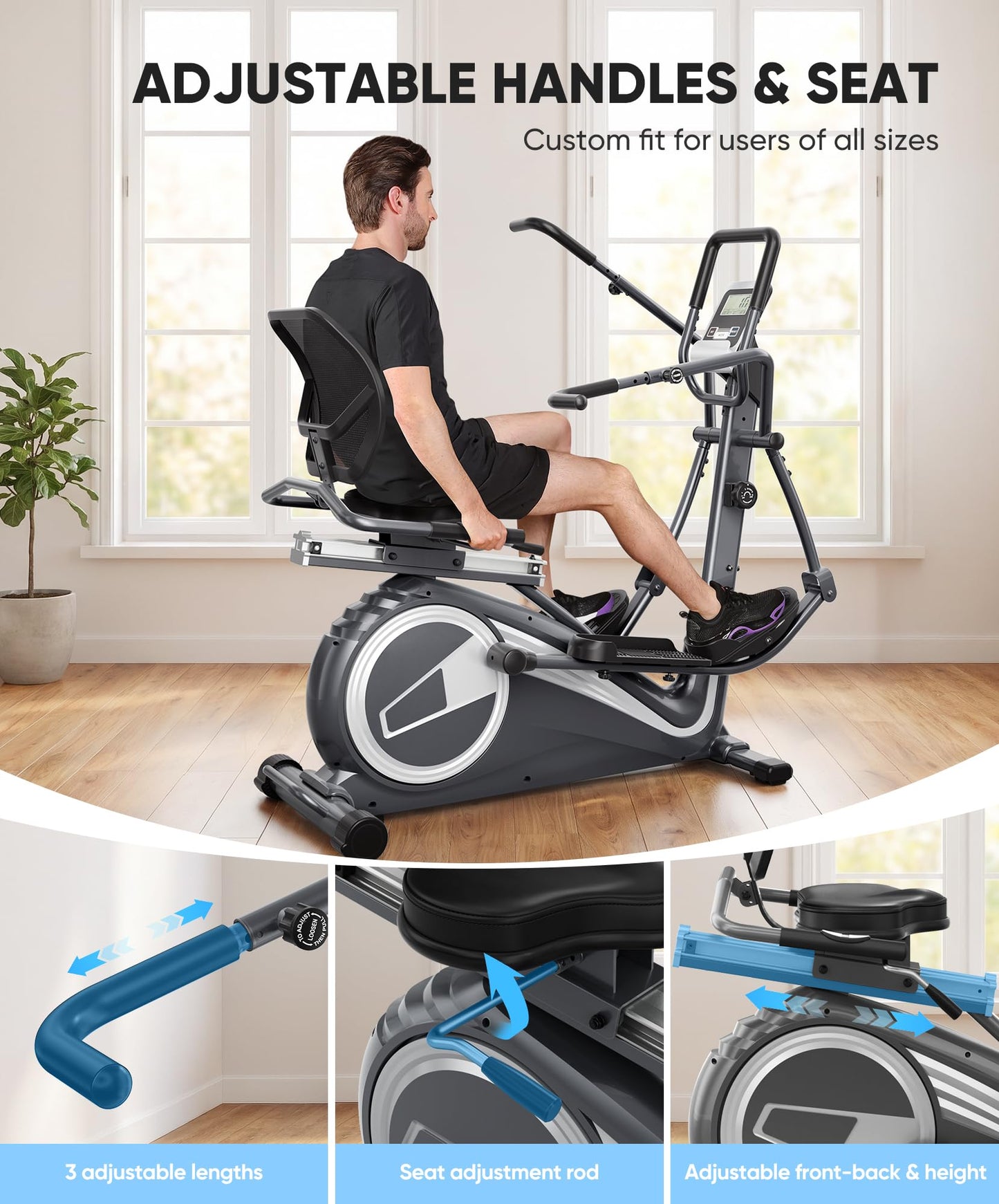 Dripex Recumbent Exercise Bike for Home, 2-in-1 Recumbent Stationary Bikes for Seniors Adults Elliptical Machine for home, 15.8" Stride, Adjustable Seat, Pulse Sensors, Supports 330LBS (Grey)