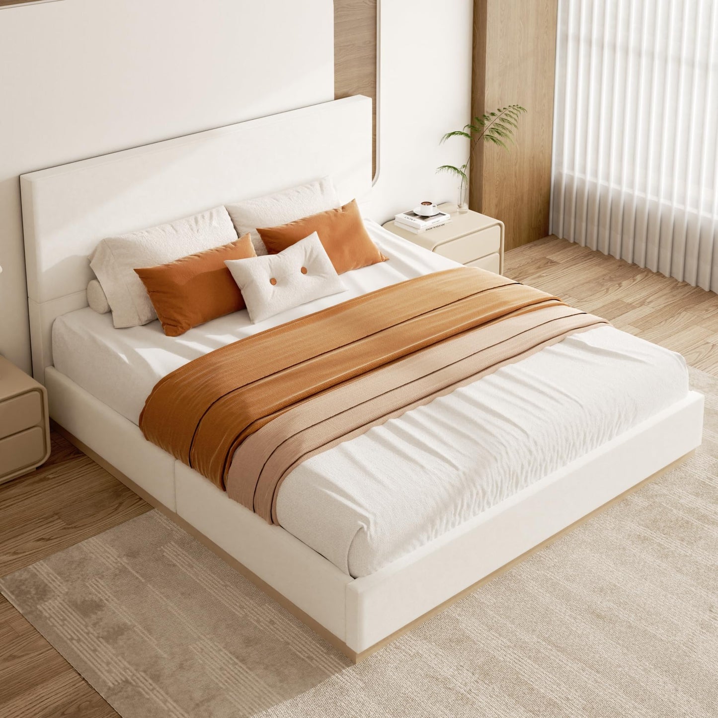 wirpexhowak Queen Size Platform Bed Frame with Headboard, Velvet Grounded Bed with Wood Slats, Heavy Duty Mattress Foundation, Box Spring Option, Noise-Free, Easy Assembly, Beige