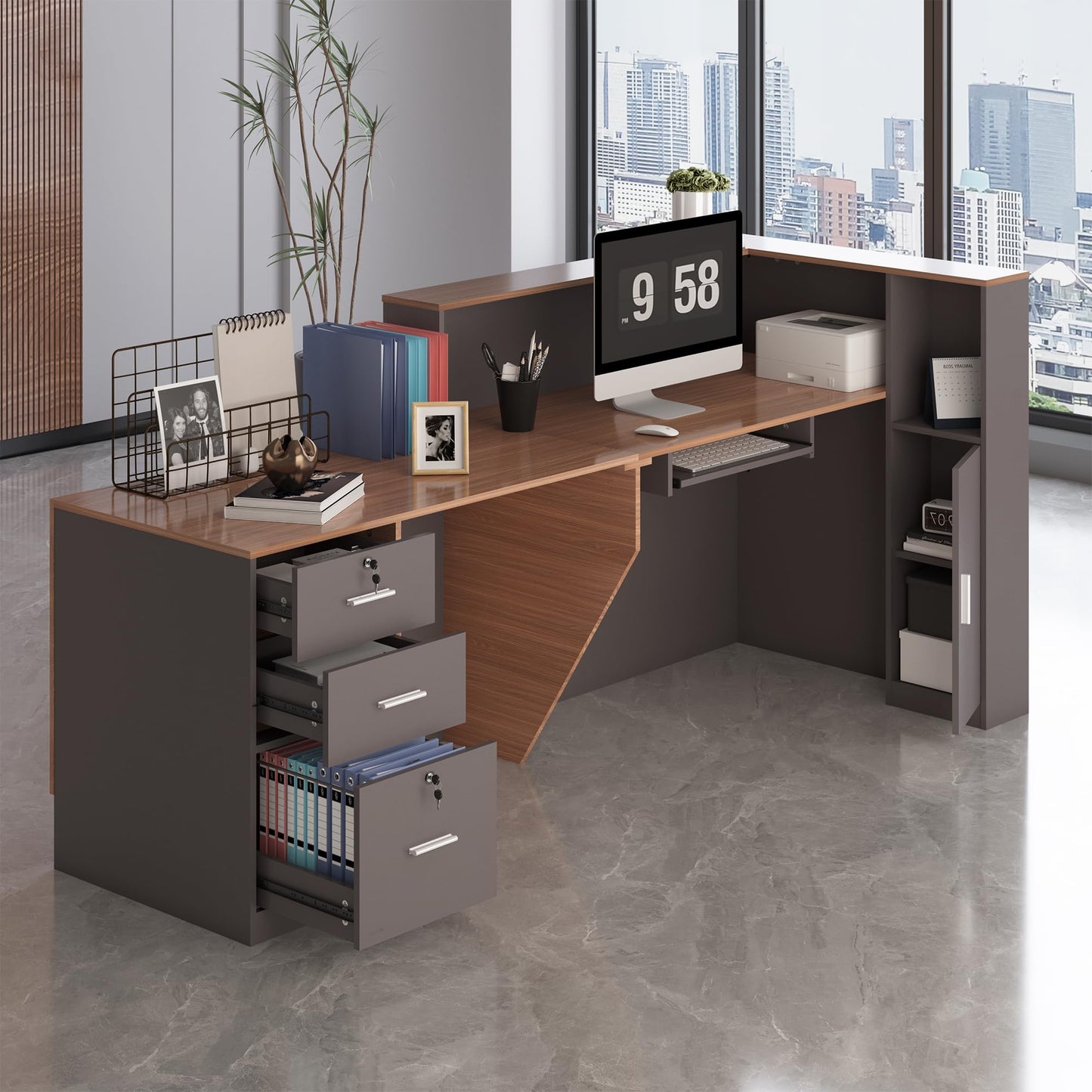 Zethvax L-Shaped Reception Desk,Large Front Desk with Keyboard Tray, Lockable Drawers & File Cabinet, Receptionist Desk for Checkout,Lobby (Left L-Walnut/Slate Gray, 71''L x 23.6''W x 41.3''H)