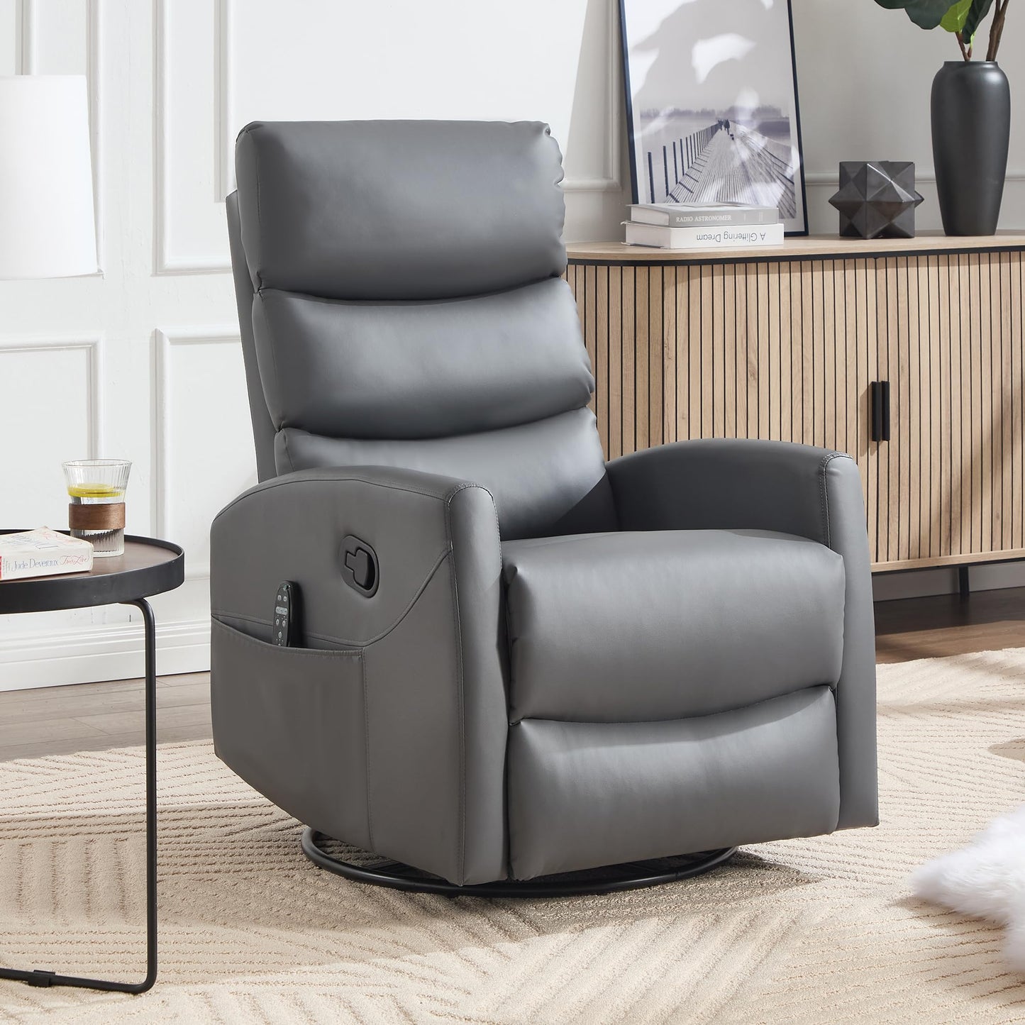 KEIKI 4-in-1 Manual Swivel Rocker Recliner Chair for Home Living Room, Faux Leather Chair with Back Massager & Heat, Home Theater Seating with Lumbar Support, Studio Apartment Essentials, Grey
