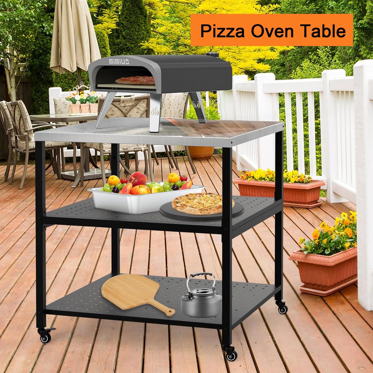 Mimiuo 31.5" Square Pizza Oven Stand – Heavy Duty Stainless Steel Table for Ooni, Blackstone, Ninja, Outdoor BBQ Cart with 3 Adjustable Shelves, Locking Wheels, Propane Tank Compatible 31.5x31.5x33 in