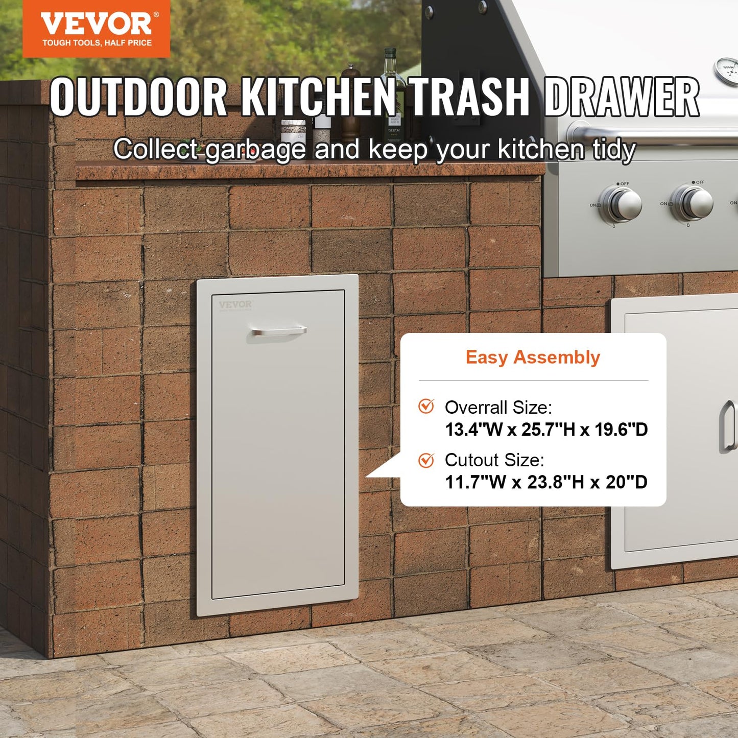 VEVOR Pull-Out Trash Drawer 13.4"W x 25.7"H x 19.6"D Lower Sliding Rails Steel Roll-Out Trash Bin Pull-Out Tray Outdoor Handled Kitchen Trash Drawer for BBQ Island Grill Station Trash Can NOT Included