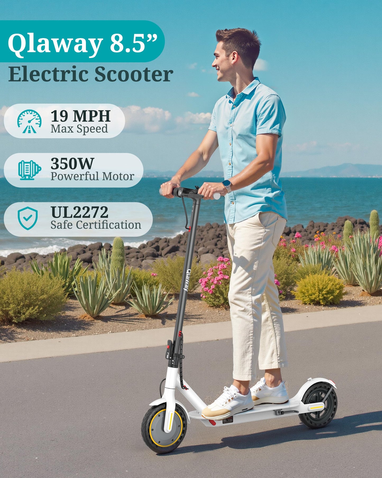 Qlaway 8.5" E Scooter for Adults Frame 19 MPH 350W Motor 281WH Battery, Motorized Up to 22 Miles Range, Foldable Scooter Bearing 265 LBS/APP Control