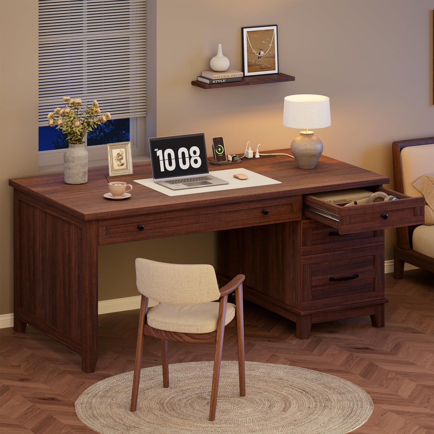IDEALHOUSE 53.5" Farmhouse Computer Desk with Charging Station, Rustic Black Home Office Executive Desk, Wooden Workstation with File Cabinet Storage Drawers for Writing & Study, Rustic Brown