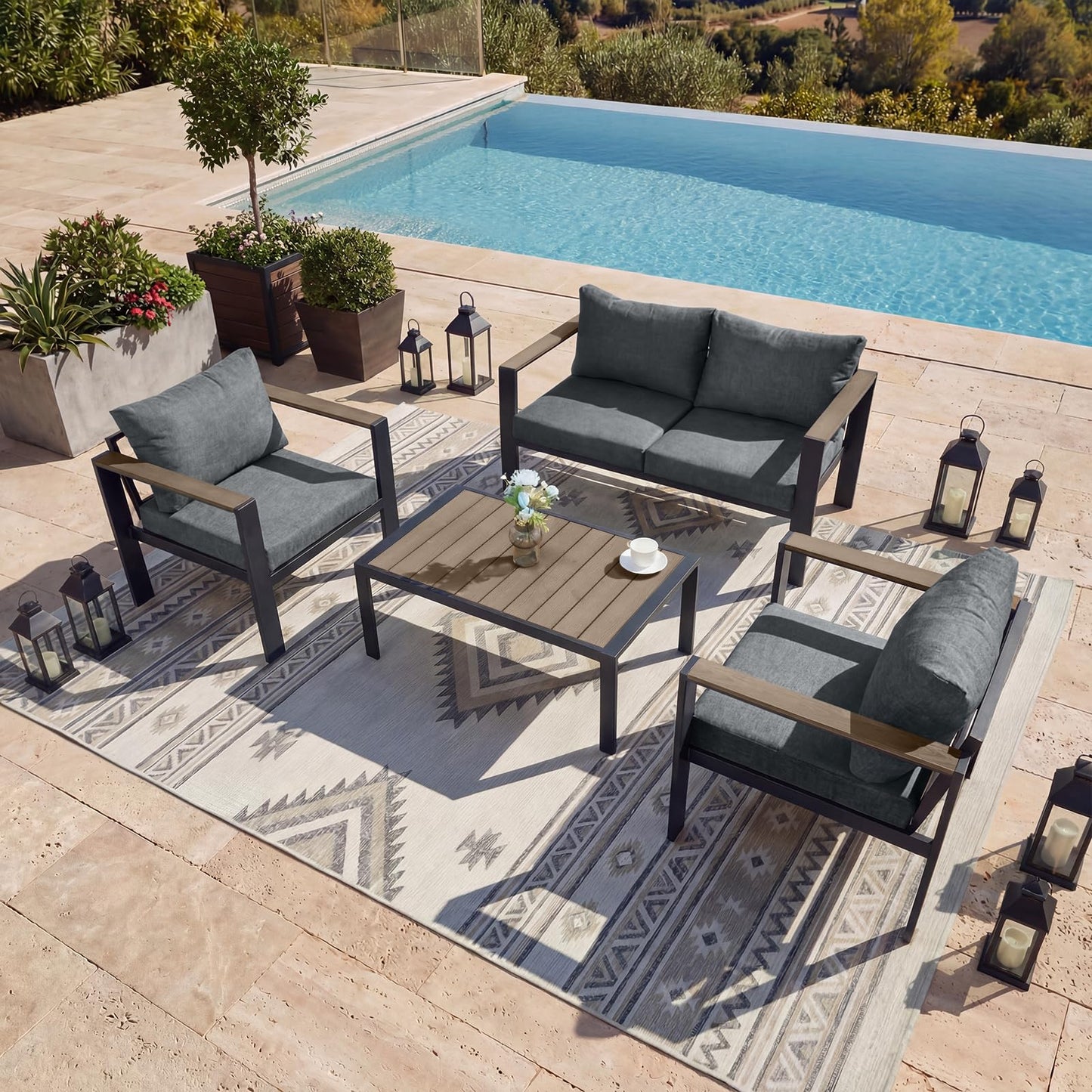 SAILARY Outdoor Patio Furniture Set 4 Seats Luxury Aluminum Patio Conversation Set with Coffee Table, Washable Thick Cushions, Large Sectional Sofa for Porch, Balcony, Deck, Yard, Gray